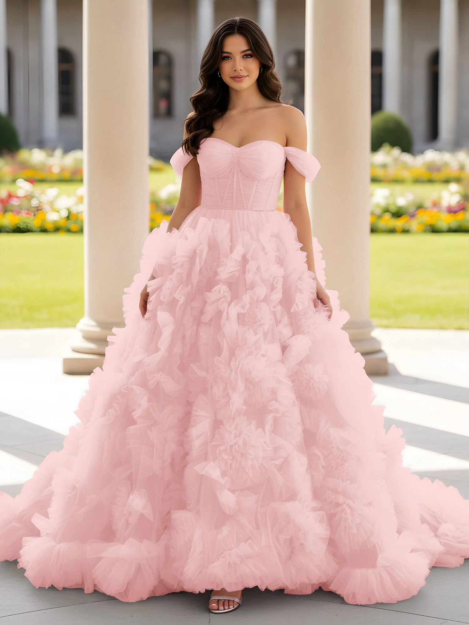 Sweetheart Off-the-shoulder Ruffle Ball Gown Sweep Train Dusty Rose