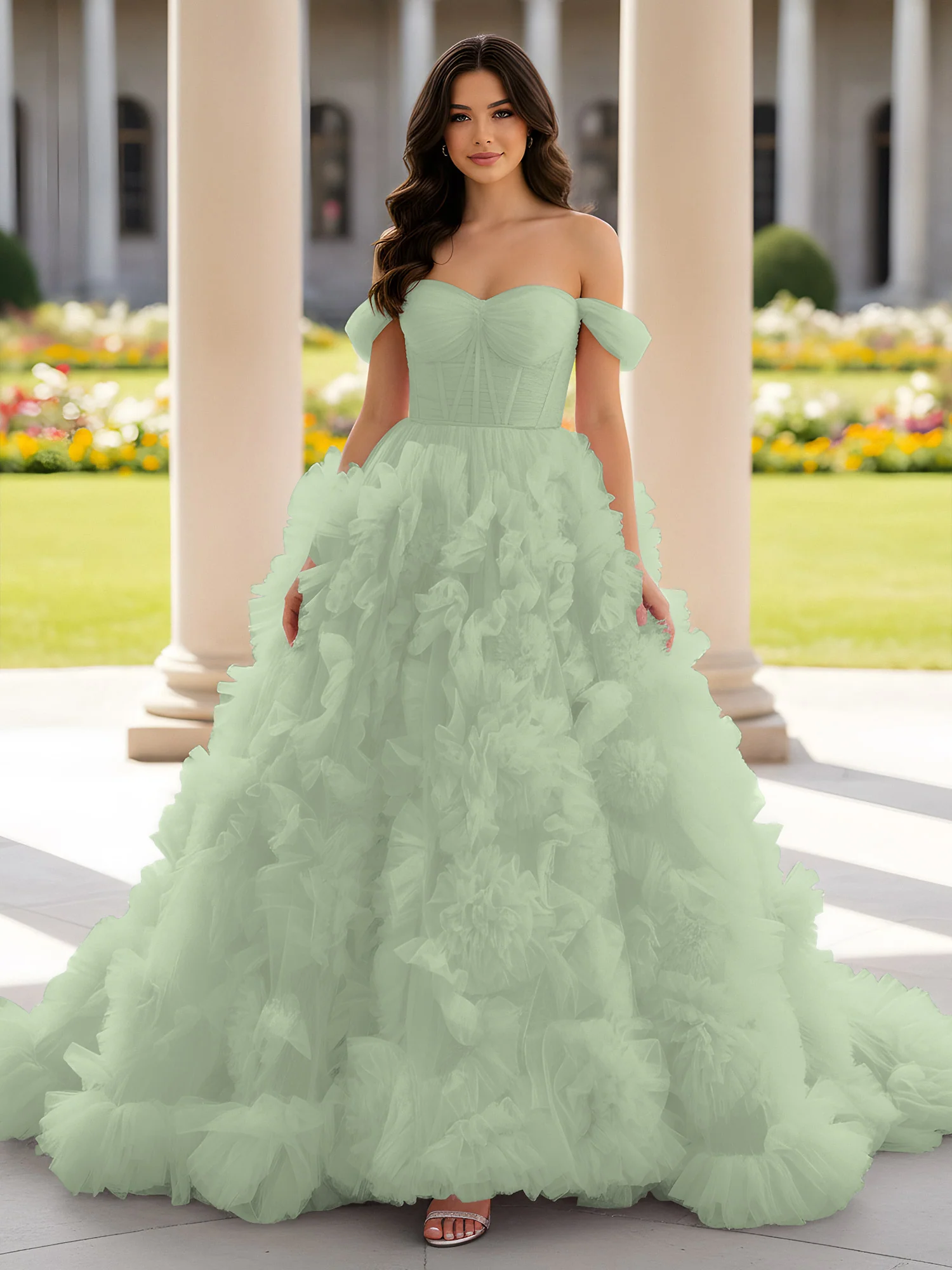 Sweetheart Off-the-shoulder Ruffle Ball Gown Sweep Train Dusty Sage