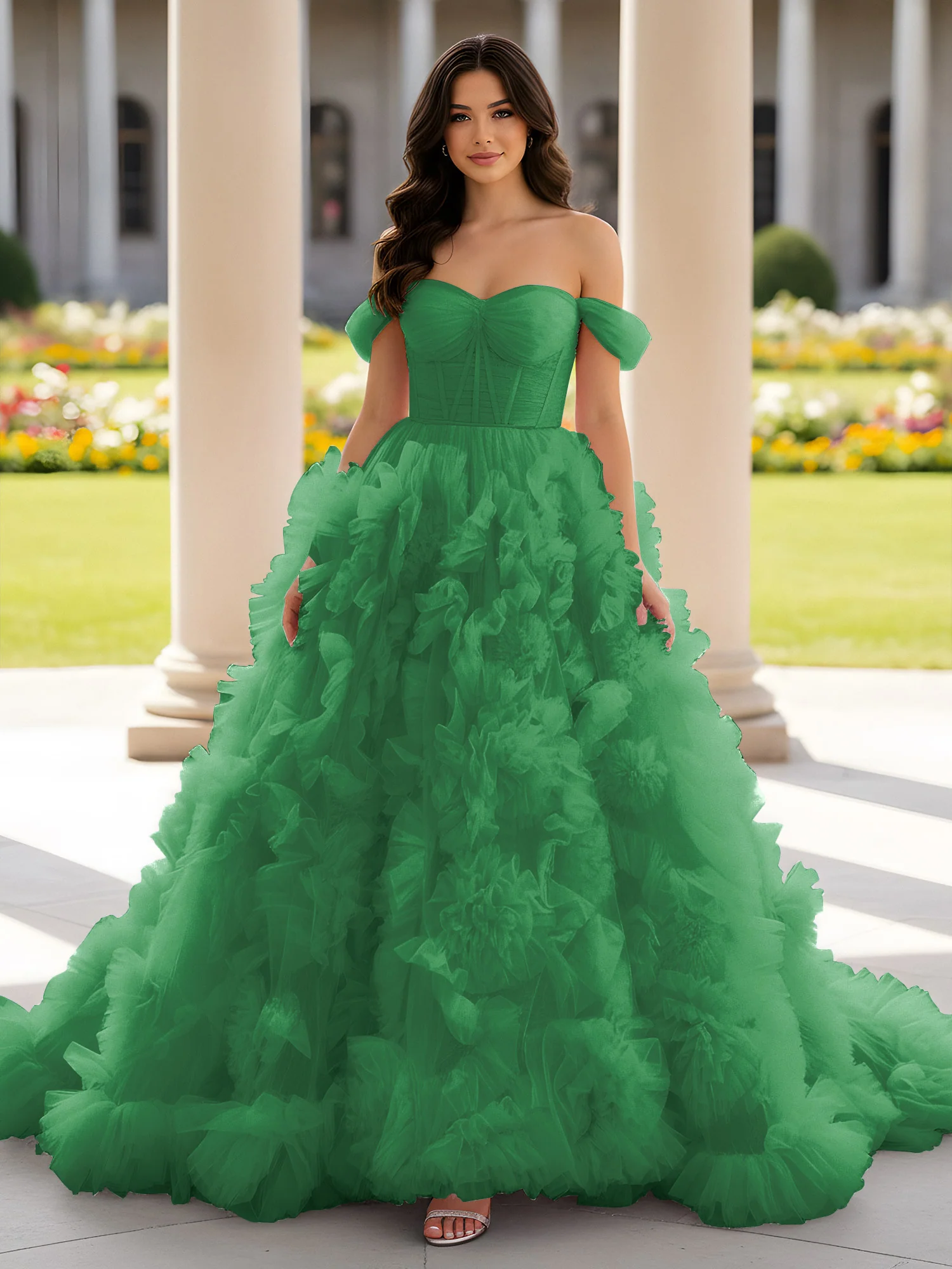 Sweetheart Off-the-shoulder Ruffle Ball Gown Sweep Train Emerald