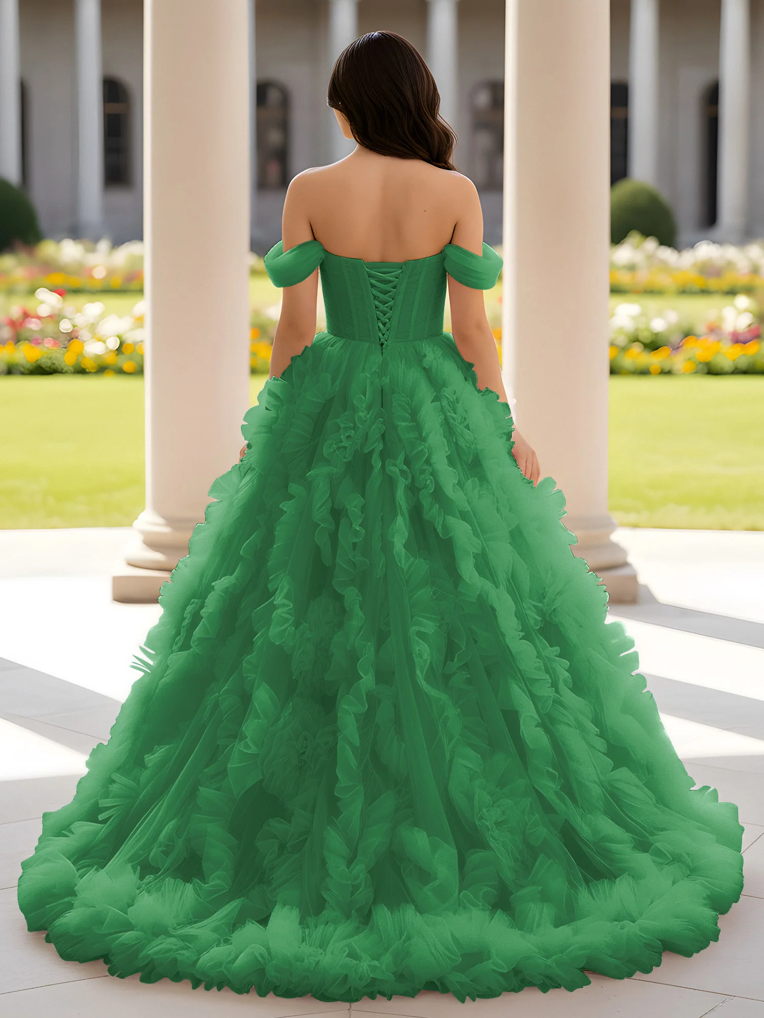 Sweetheart Off-the-shoulder Ruffle Ball Gown Sweep Train Emerald - Image 2