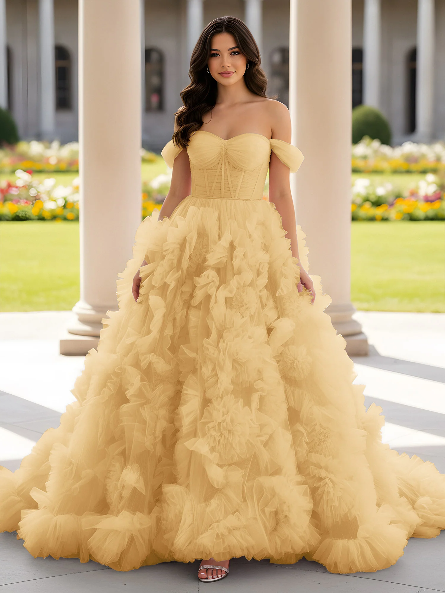 Sweetheart Off-the-shoulder Ruffle Ball Gown Sweep Train Gold