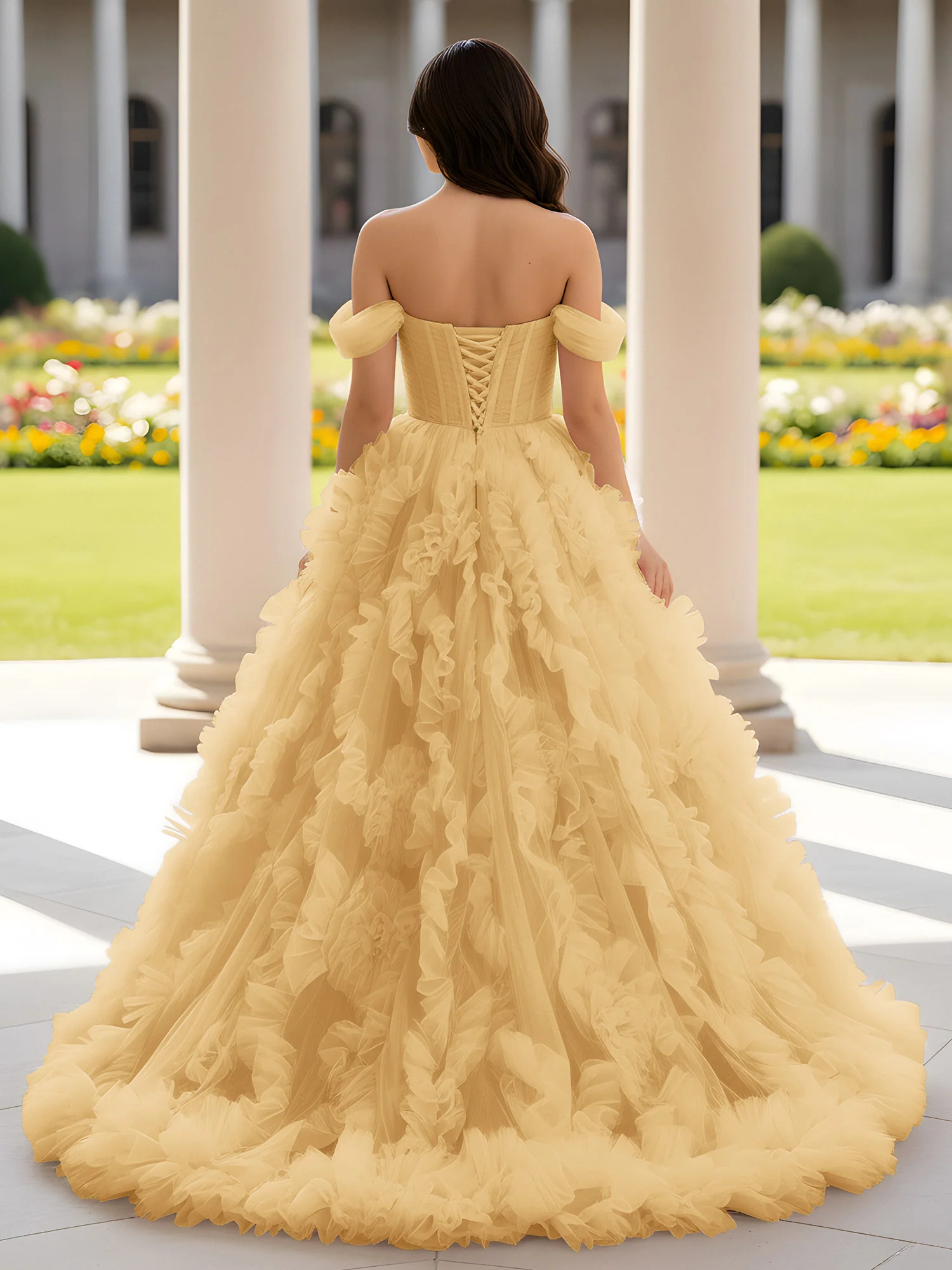 Sweetheart Off-the-shoulder Ruffle Ball Gown Sweep Train Gold - Image 2