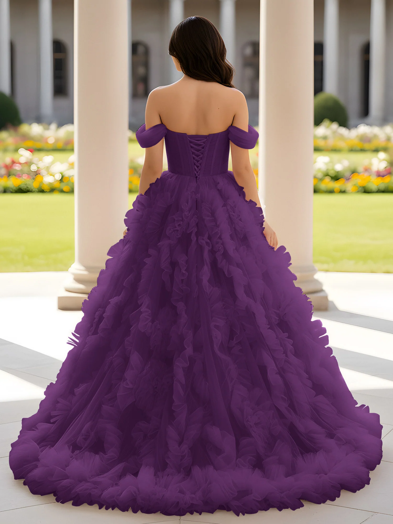 Sweetheart Off-the-shoulder Ruffle Ball Gown Sweep Train Grape - Image 2