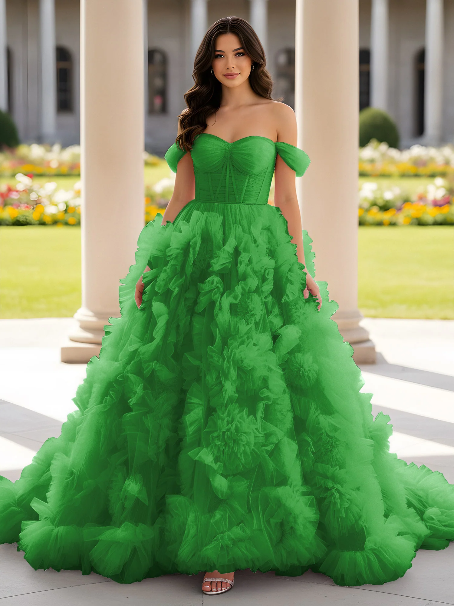 Sweetheart Off-the-shoulder Ruffle Ball Gown Sweep Train Green