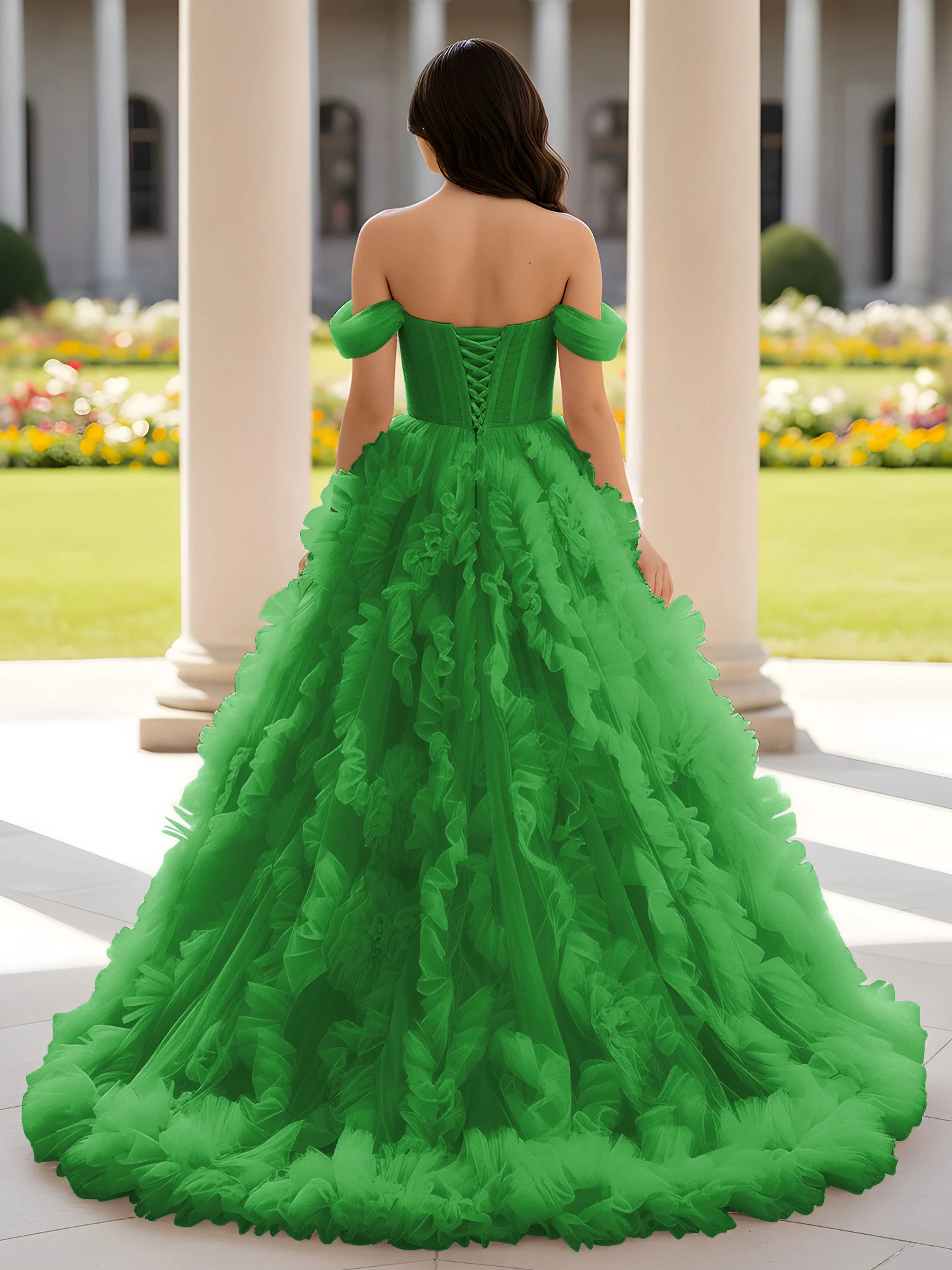Sweetheart Off-the-shoulder Ruffle Ball Gown Sweep Train Green - Image 2