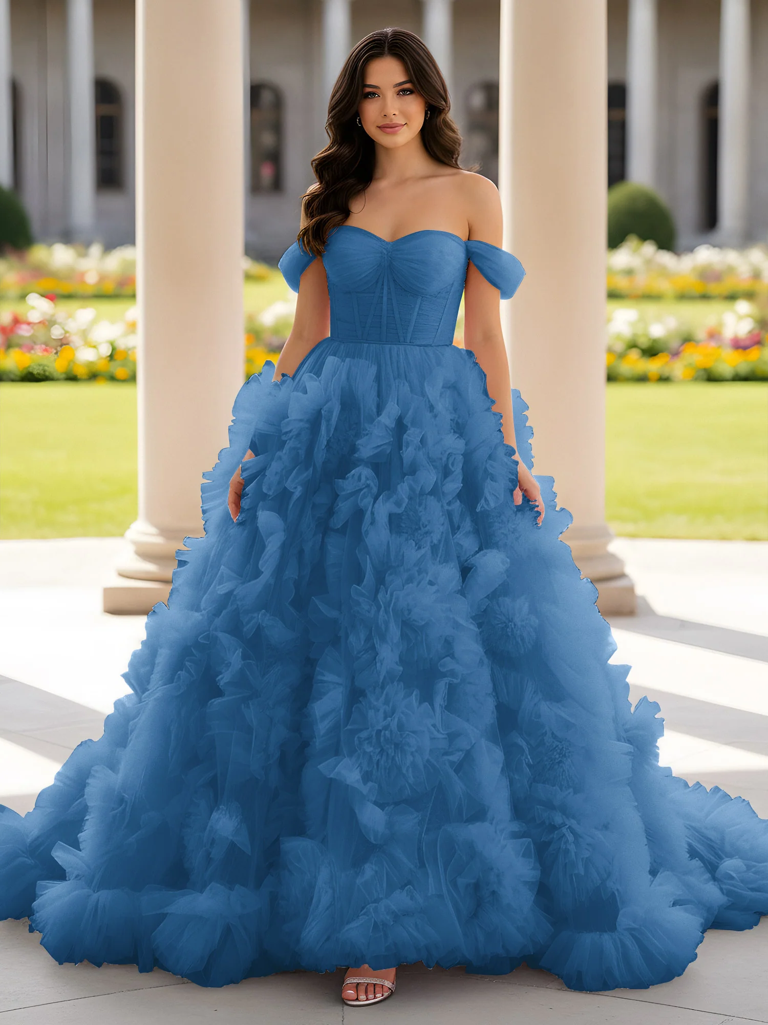 Sweetheart Off-the-shoulder Ruffle Ball Gown Sweep Train Ink Blue