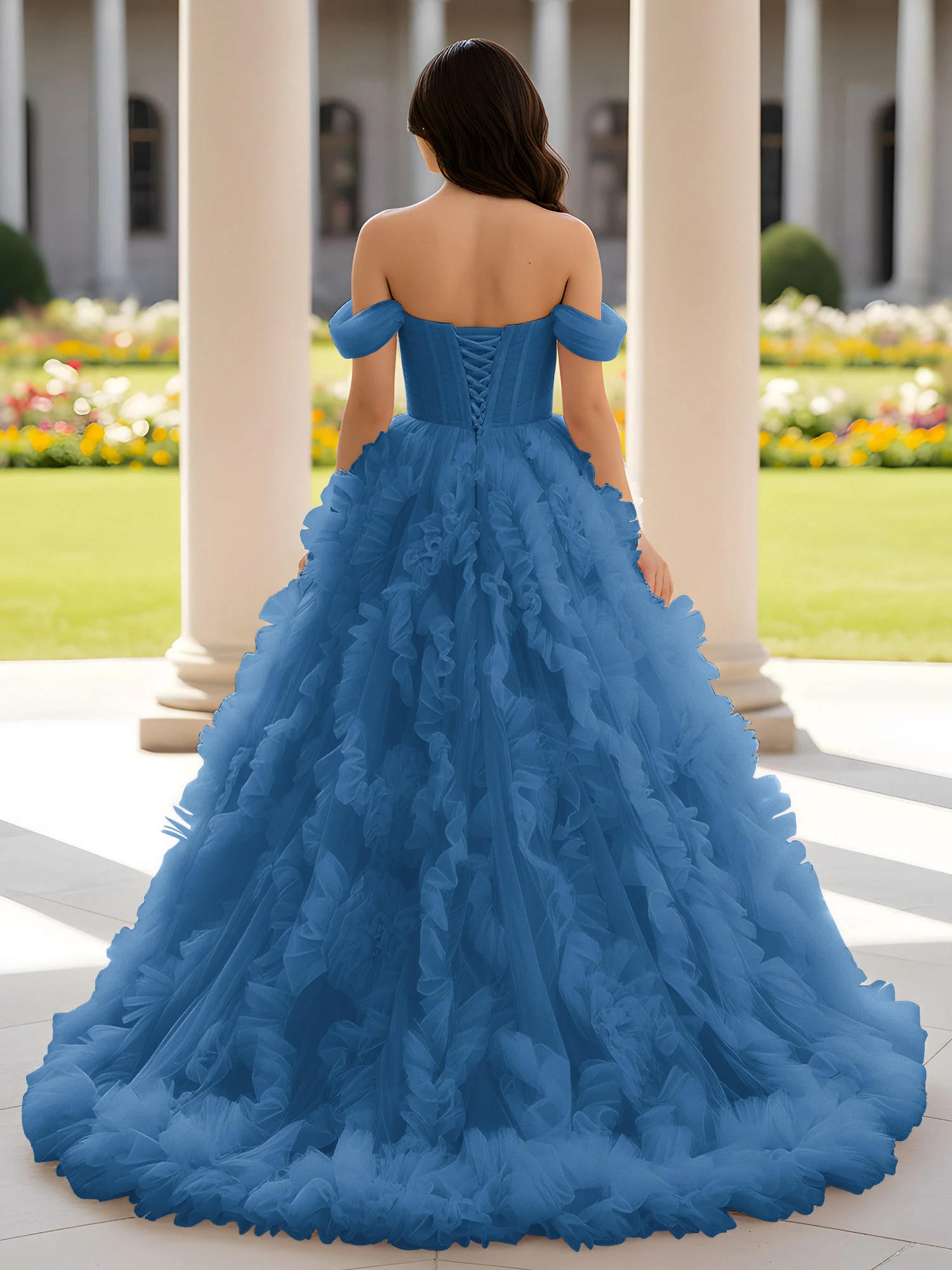 Sweetheart Off-the-shoulder Ruffle Ball Gown Sweep Train Ink Blue - Image 2