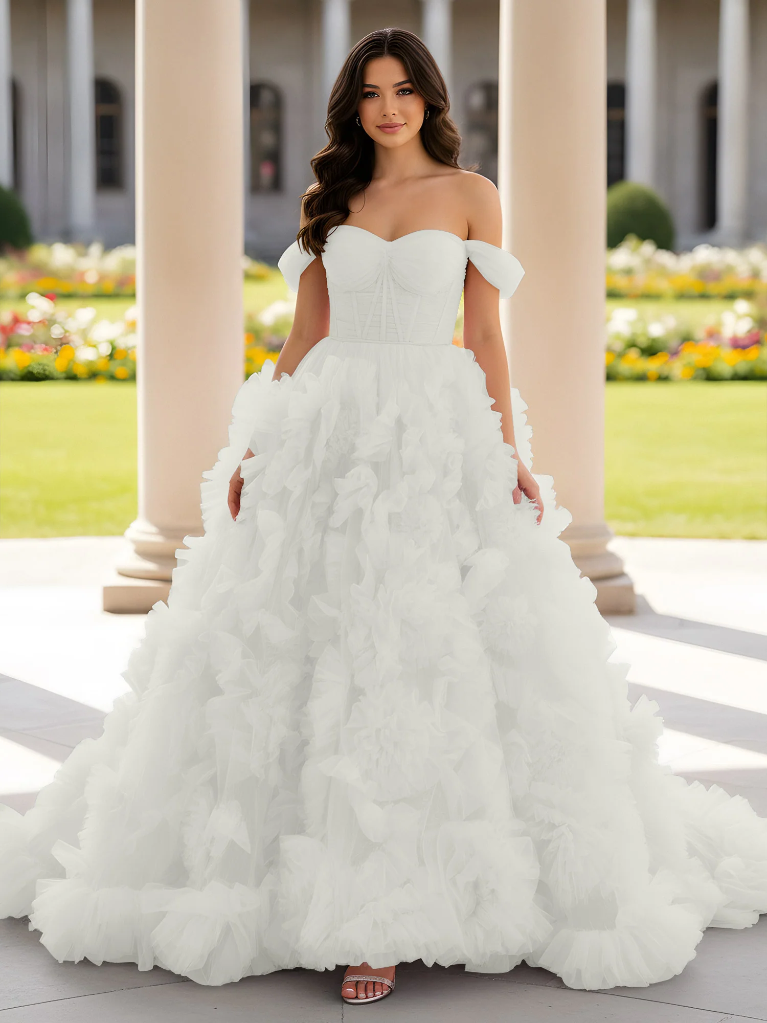 Sweetheart Off-the-shoulder Ruffle Ball Gown Sweep Train Ivory