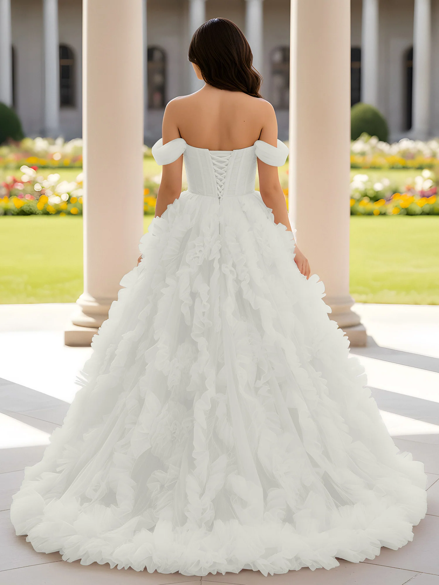 Sweetheart Off-the-shoulder Ruffle Ball Gown Sweep Train Ivory - Image 2