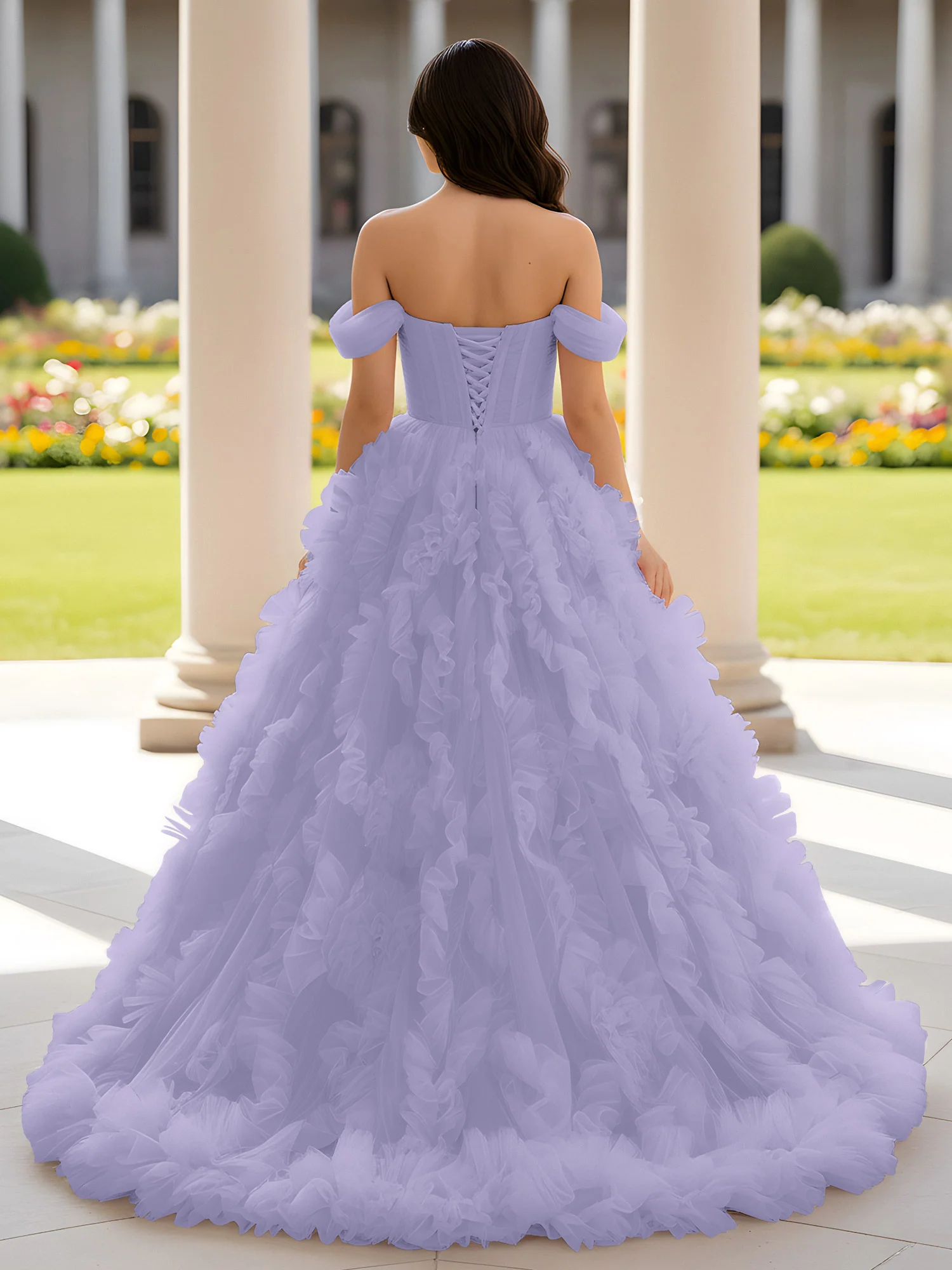 Sweetheart Off-the-shoulder Ruffle Ball Gown Sweep Train Lavender - Image 2