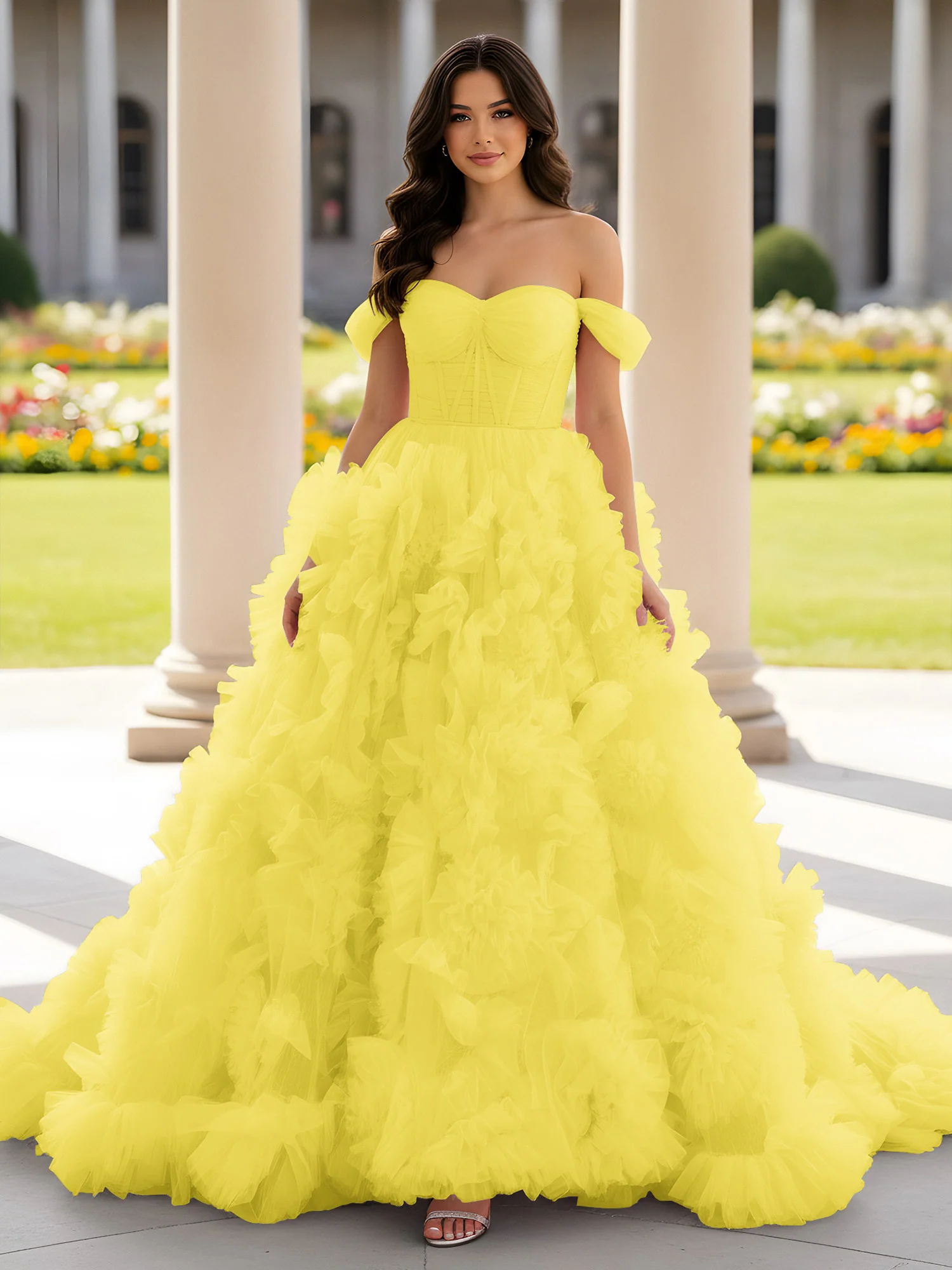 Sweetheart Off-the-shoulder Ruffle Ball Gown Sweep Train Lemon
