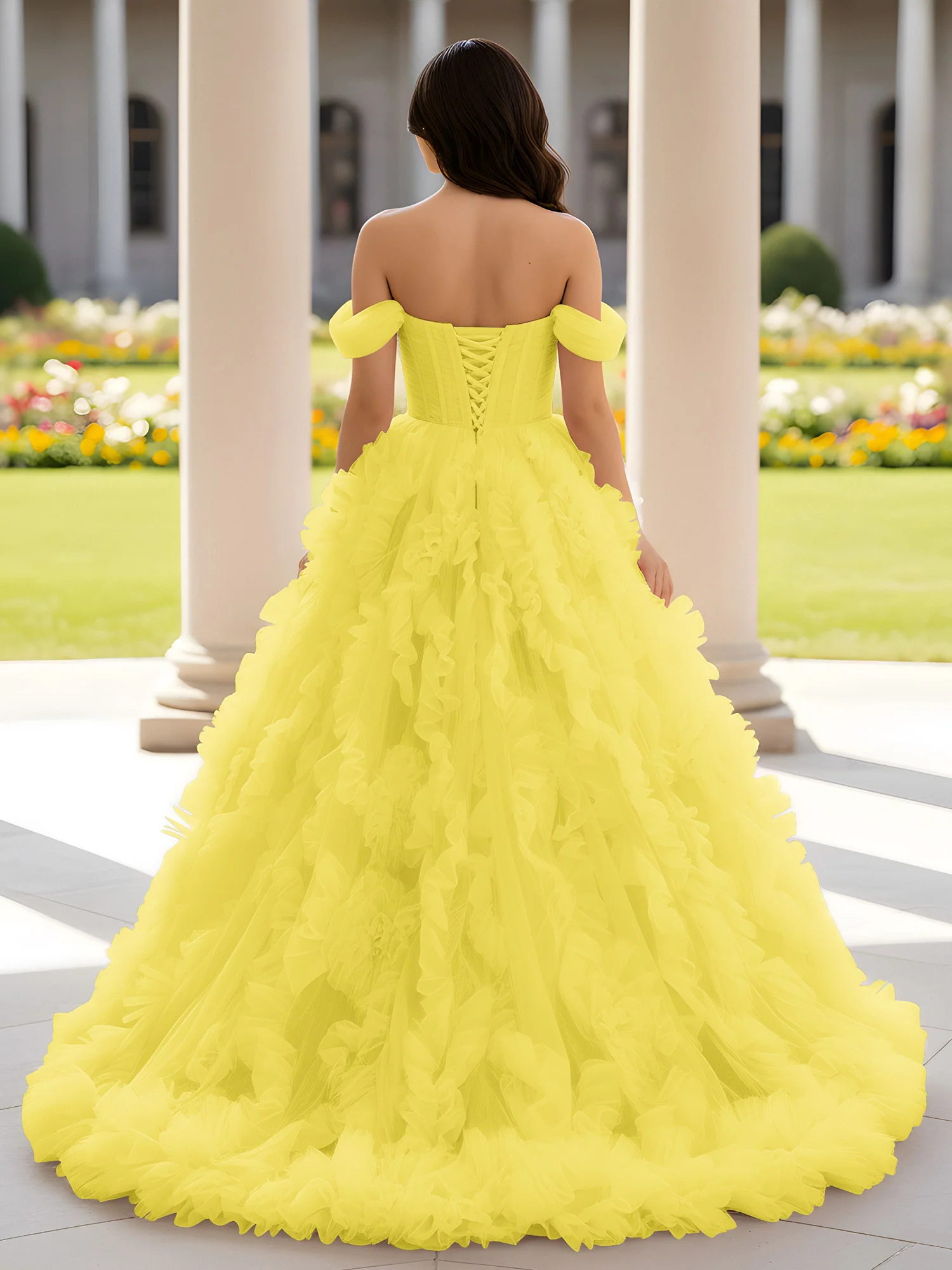 Sweetheart Off-the-shoulder Ruffle Ball Gown Sweep Train Lemon - Image 2