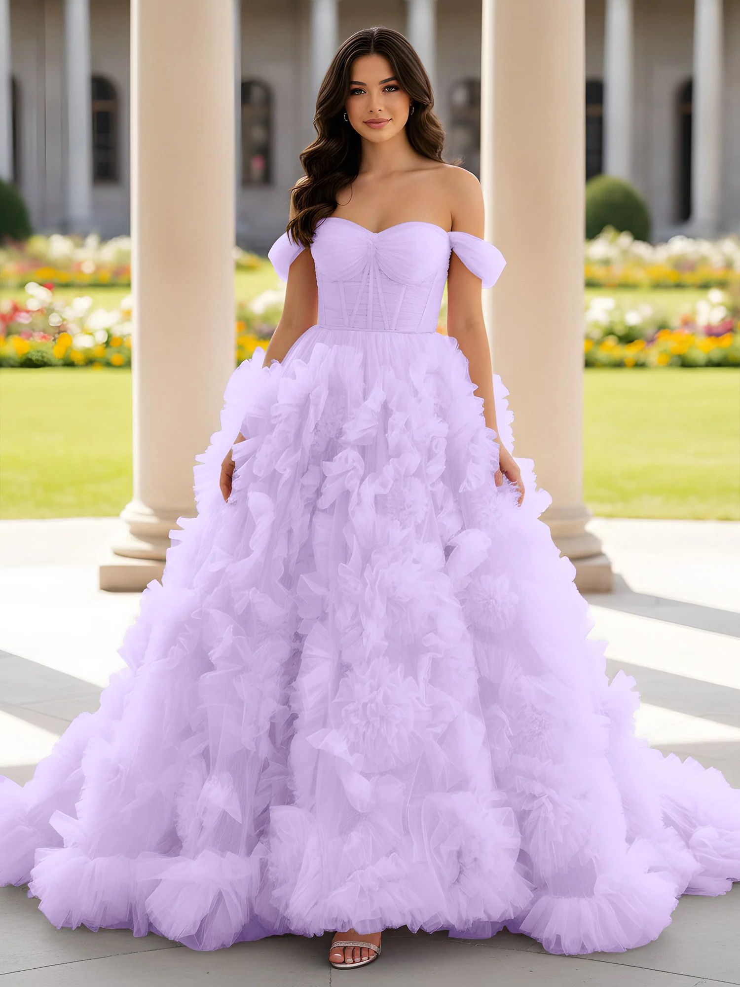 Sweetheart Off-the-shoulder Ruffle Ball Gown Sweep Train Lilac
