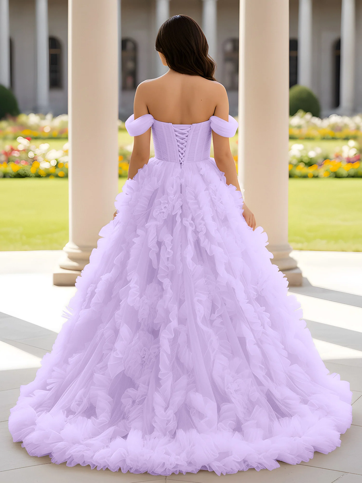 Sweetheart Off-the-shoulder Ruffle Ball Gown Sweep Train Lilac - Image 2