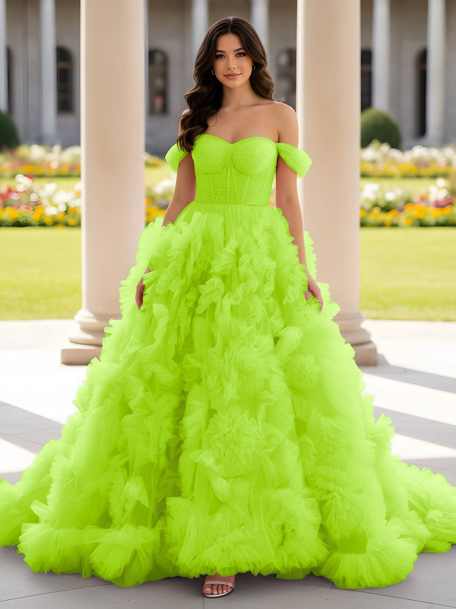 Sweetheart Off-the-shoulder Ruffle Ball Gown Sweep Train Lime Green