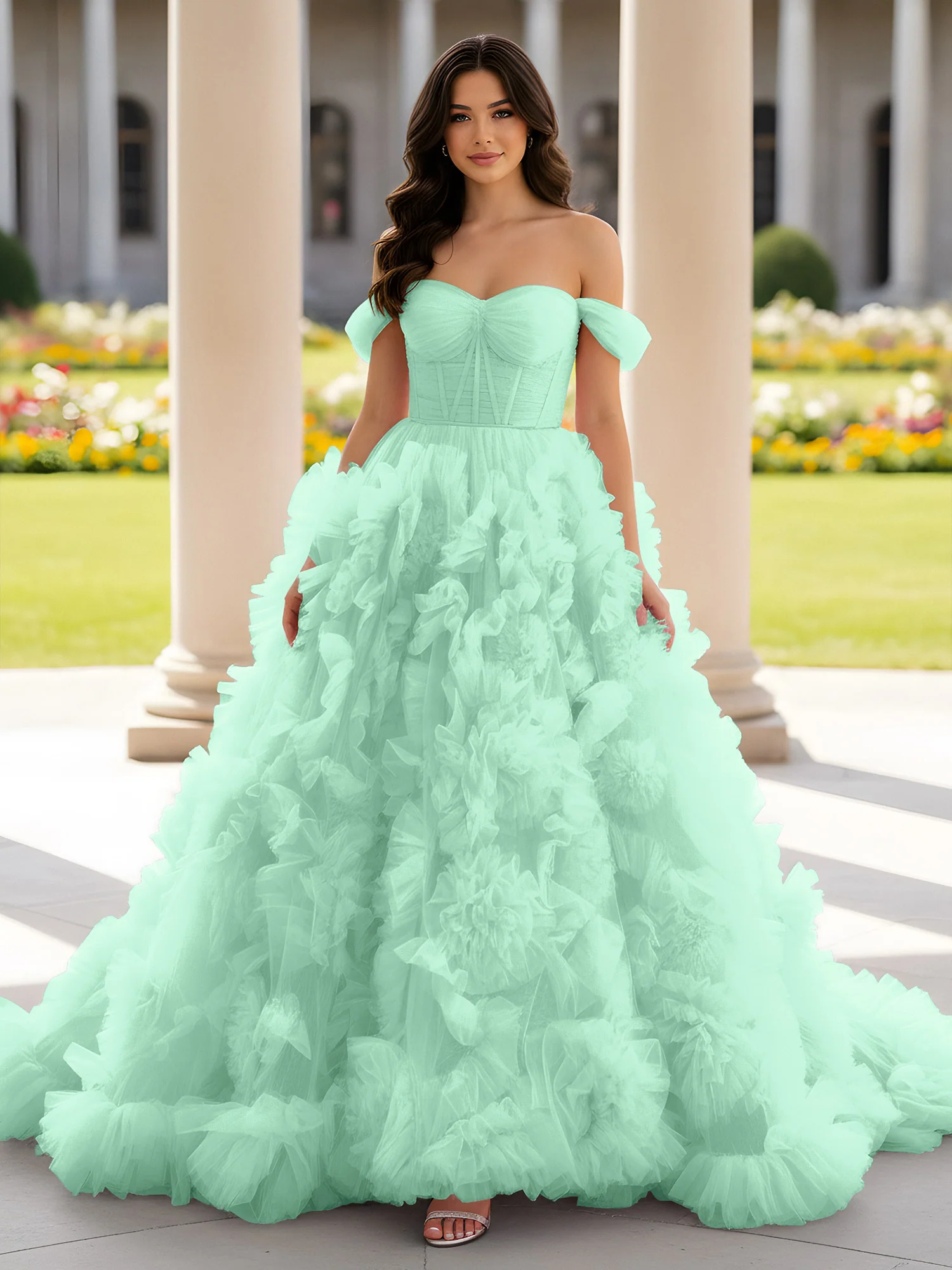 Sweetheart Off-the-shoulder Ruffle Ball Gown Sweep Train Mint Green