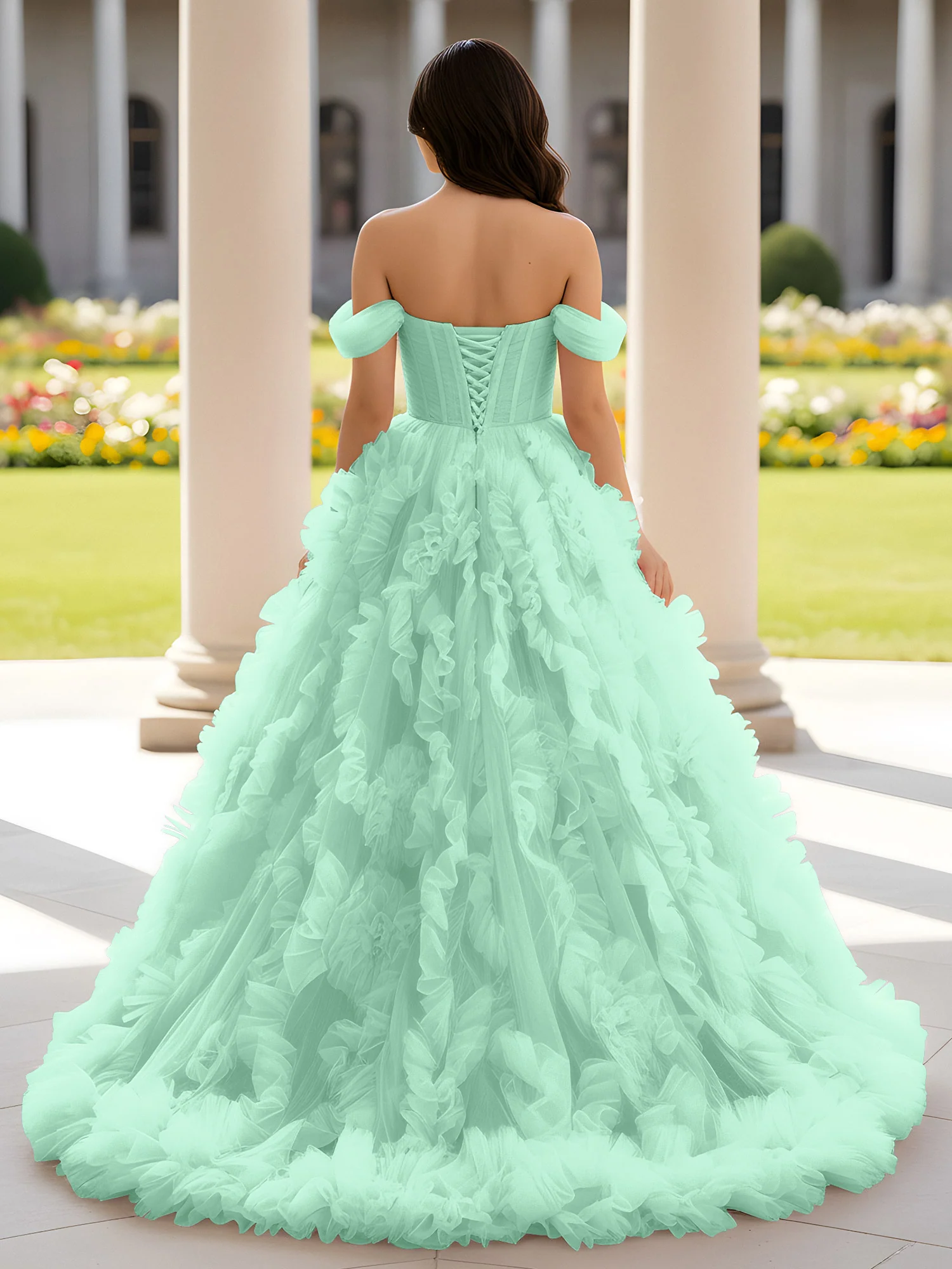 Sweetheart Off-the-shoulder Ruffle Ball Gown Sweep Train Mint Green - Image 2
