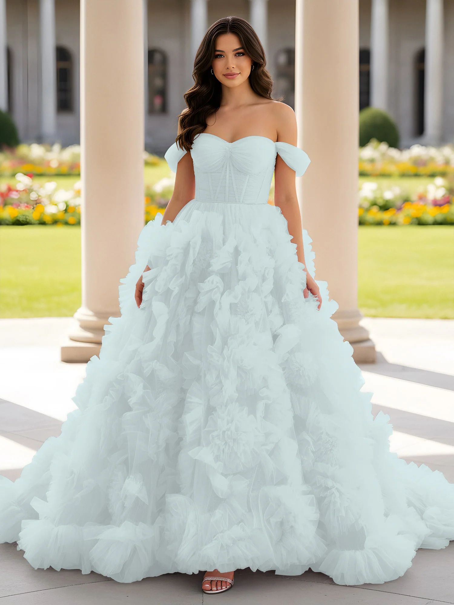 Sweetheart Off-the-shoulder Ruffle Ball Gown Sweep Train Mist