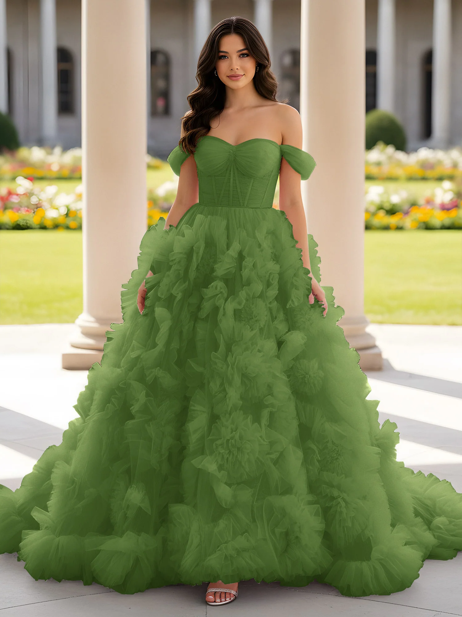 Sweetheart Off-the-shoulder Ruffle Ball Gown Sweep Train Moss