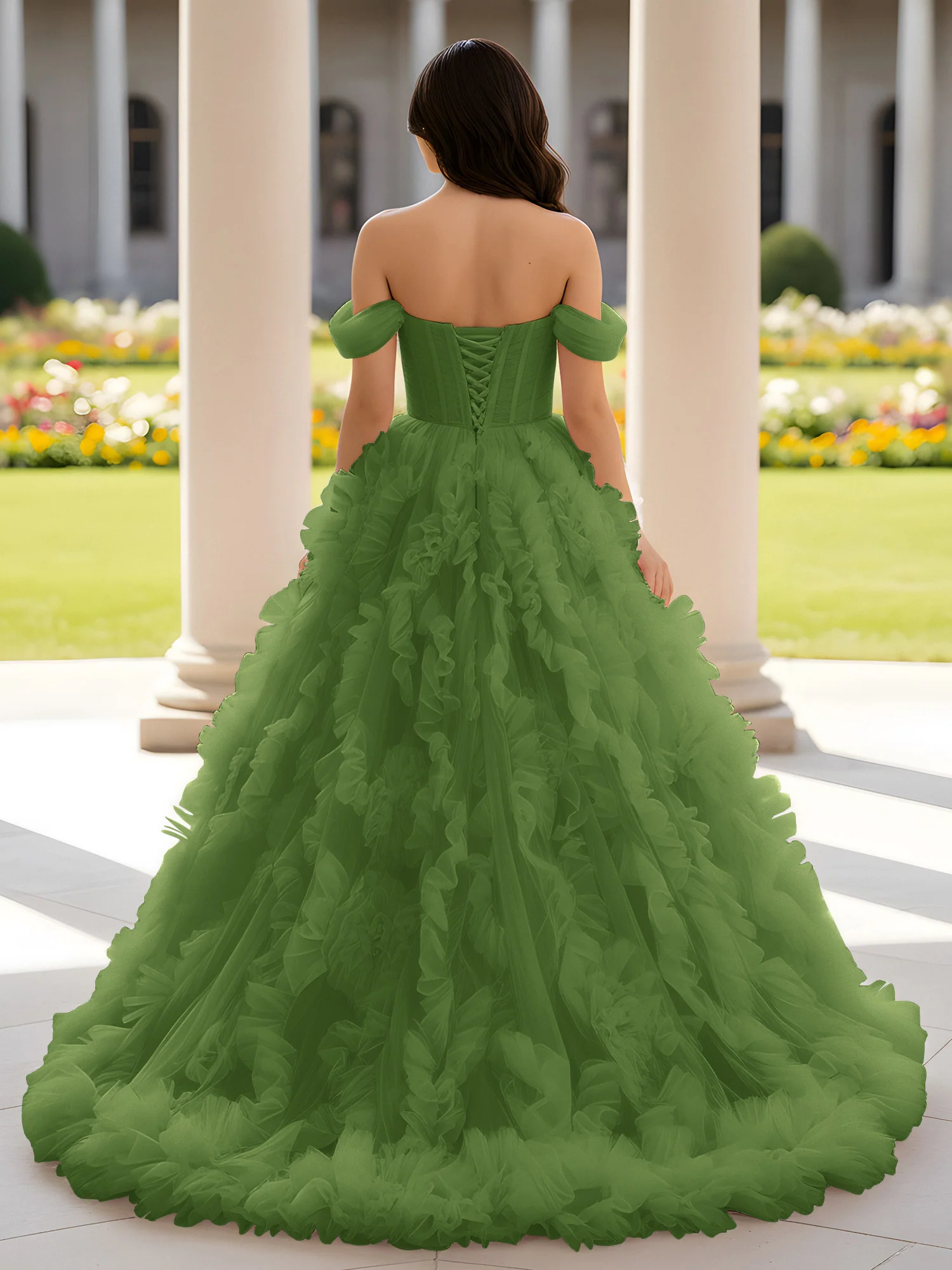 Sweetheart Off-the-shoulder Ruffle Ball Gown Sweep Train Moss - Image 2