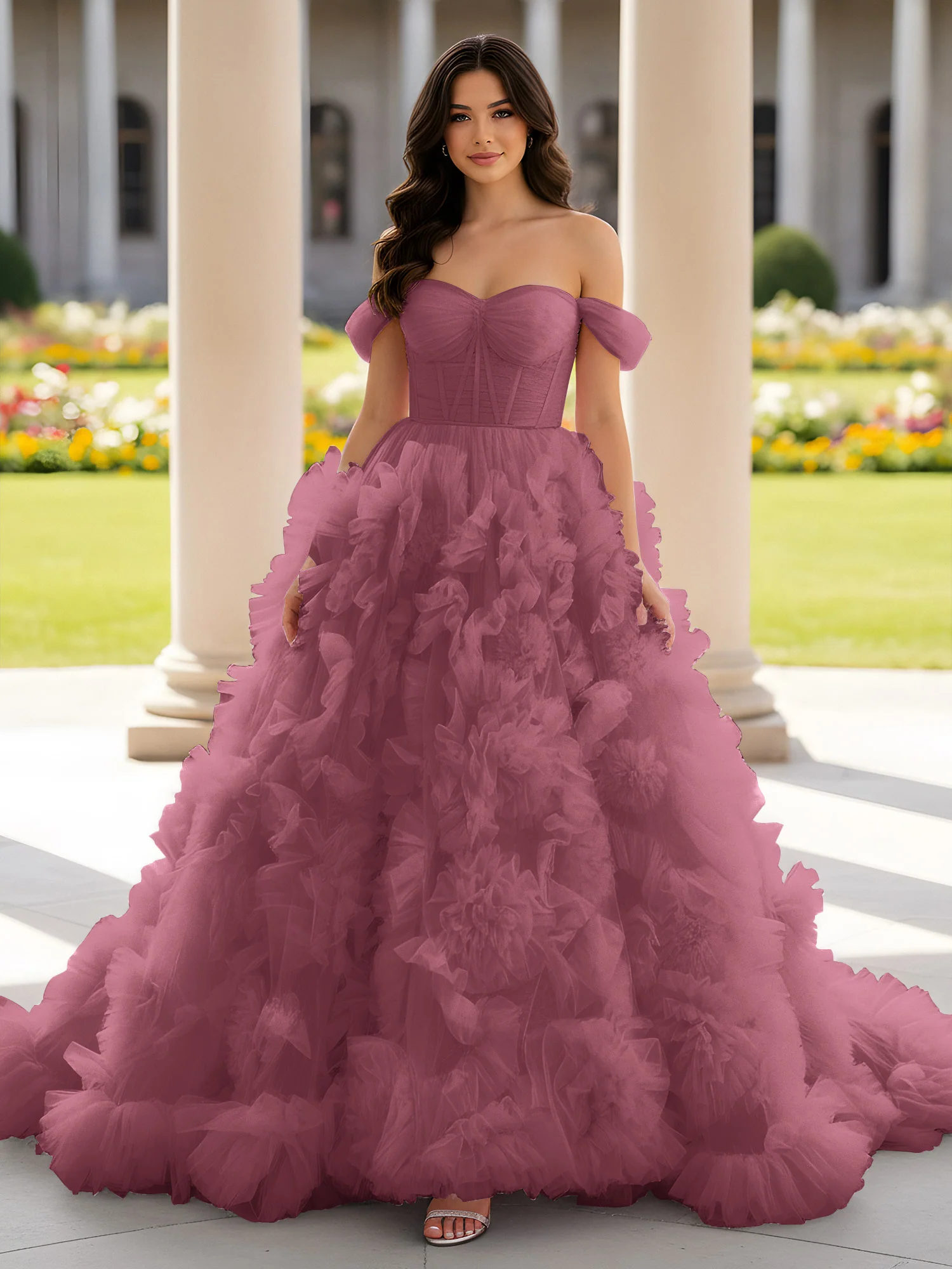Sweetheart Off-the-shoulder Ruffle Ball Gown Sweep Train Mulberry