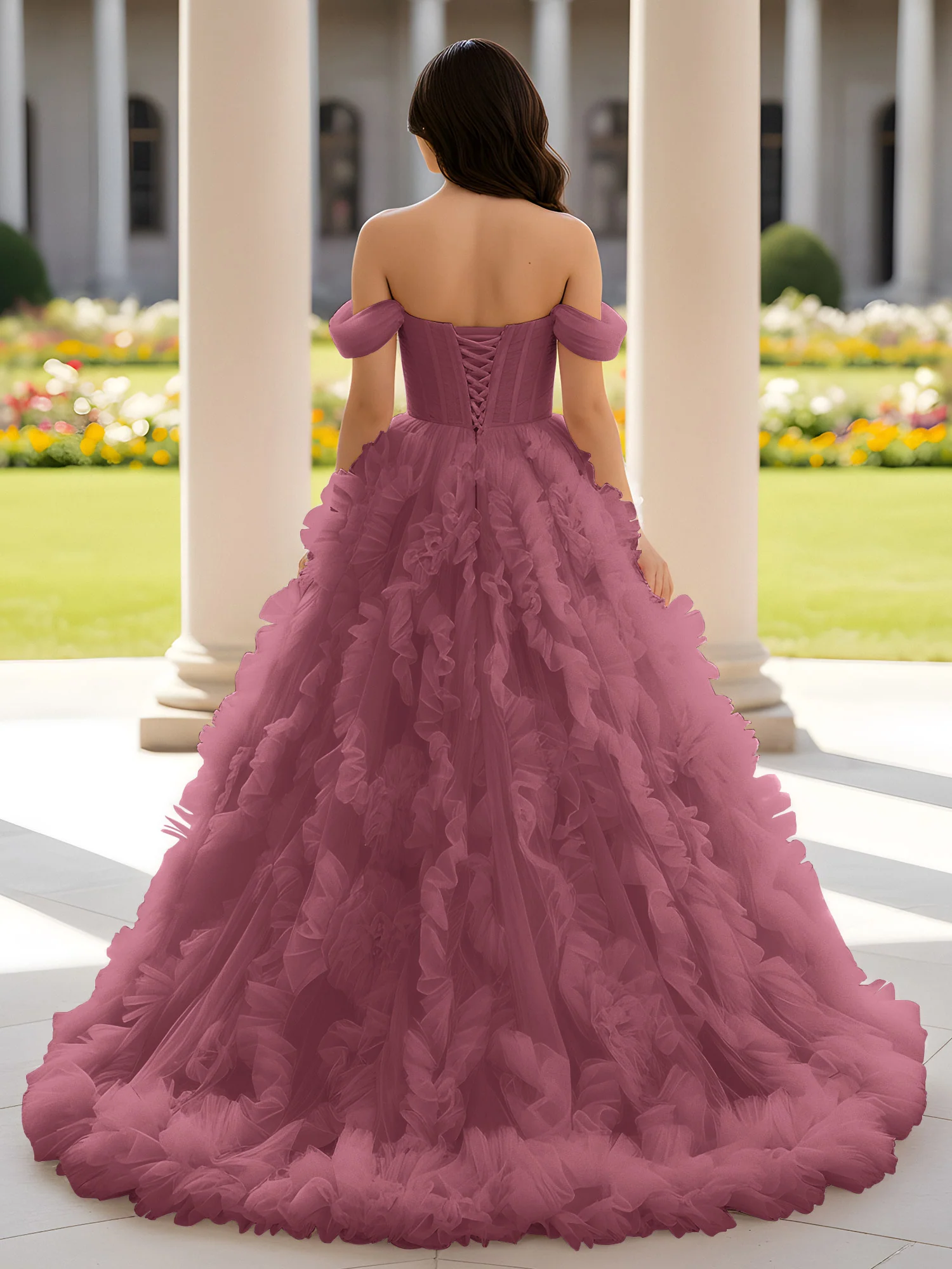 Sweetheart Off-the-shoulder Ruffle Ball Gown Sweep Train Mulberry - Image 2