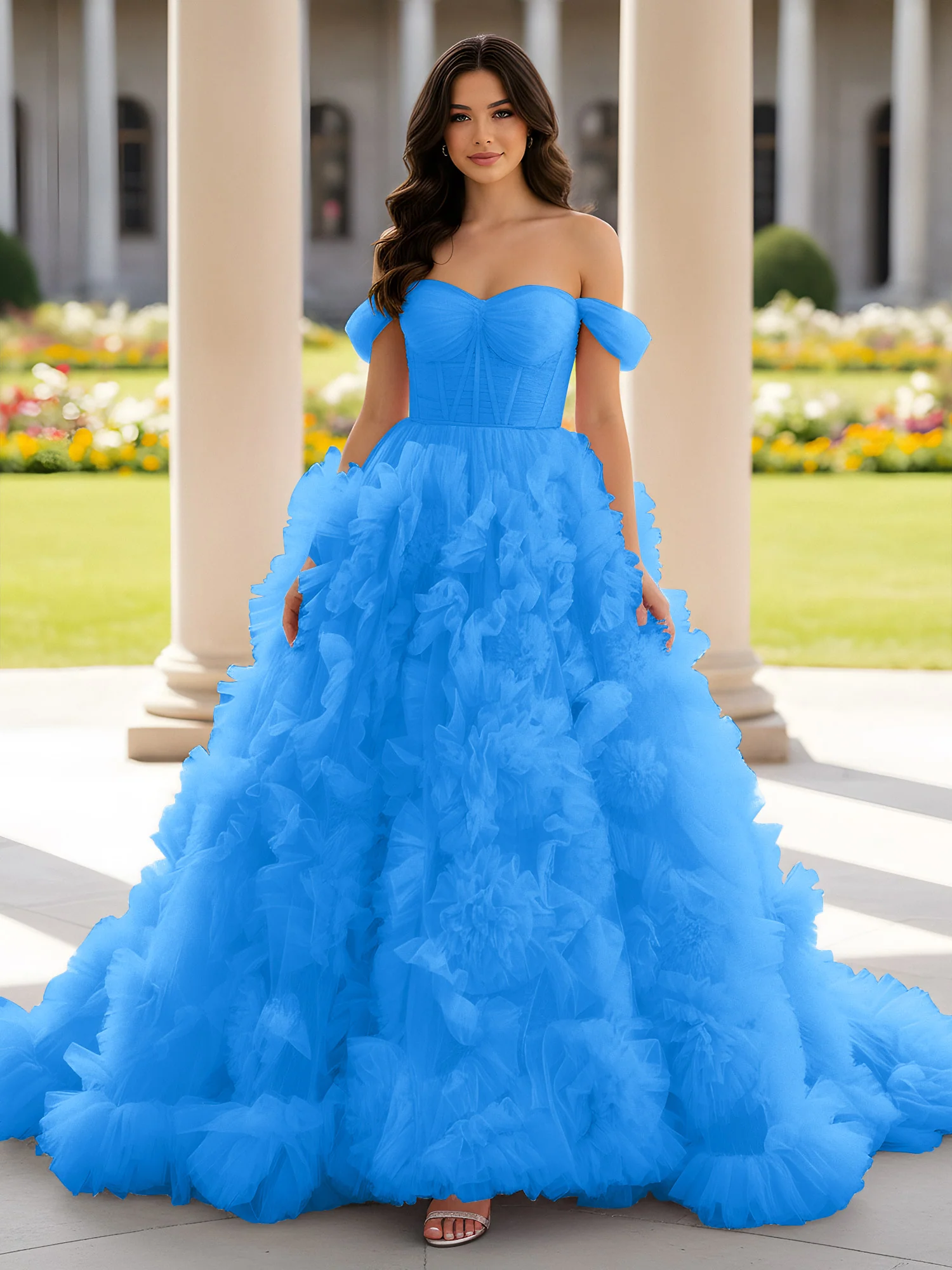 Sweetheart Off-the-shoulder Ruffle Ball Gown Sweep Train Ocean Blue