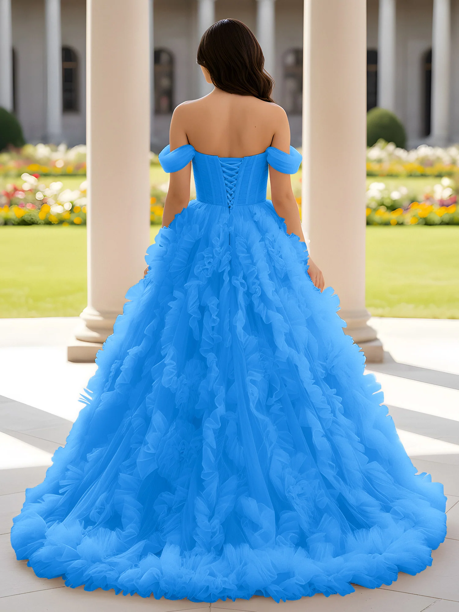 Sweetheart Off-the-shoulder Ruffle Ball Gown Sweep Train Ocean Blue - Image 2