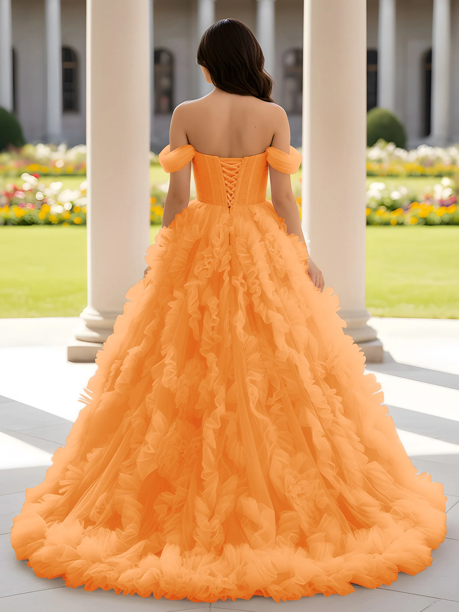 Sweetheart Off-the-shoulder Ruffle Ball Gown Sweep Train Orange - Image 2