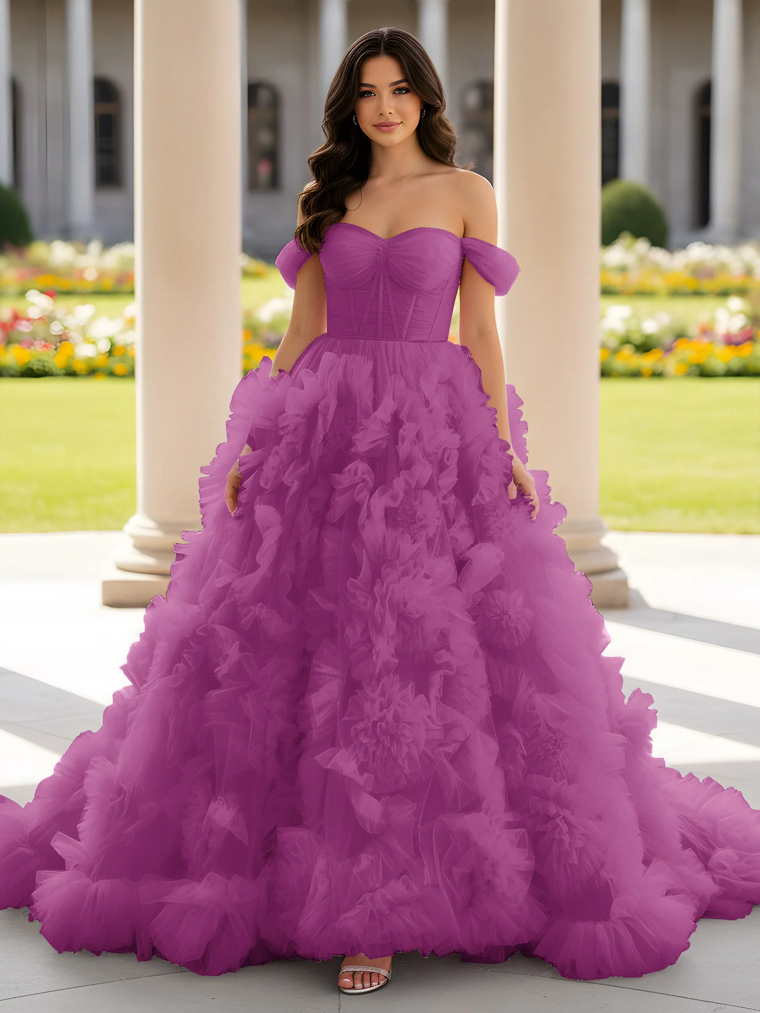 Sweetheart Off-the-shoulder Ruffle Ball Gown Sweep Train Orchid