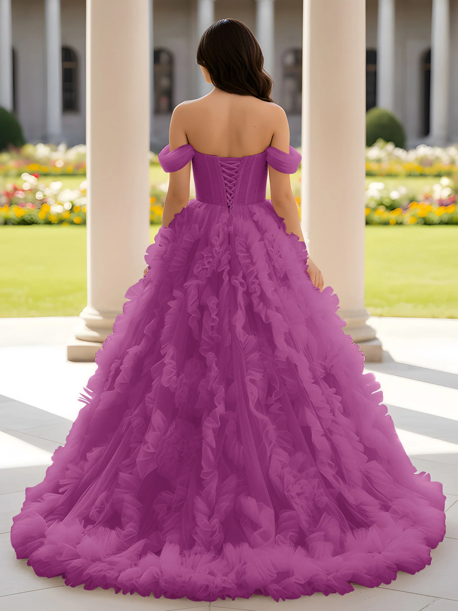 Sweetheart Off-the-shoulder Ruffle Ball Gown Sweep Train Orchid - Image 2