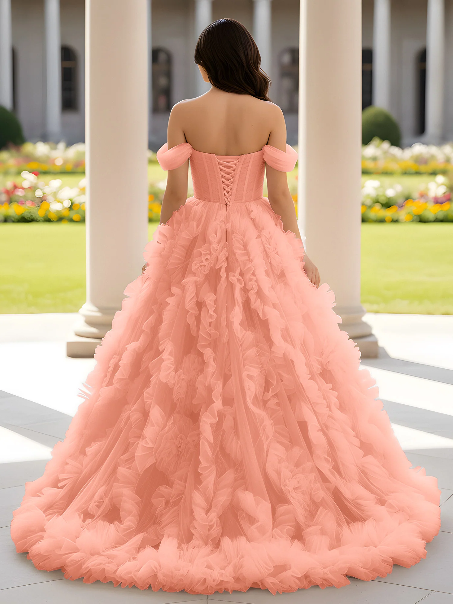 Sweetheart Off-the-shoulder Ruffle Ball Gown Sweep Train Papaya - Image 2