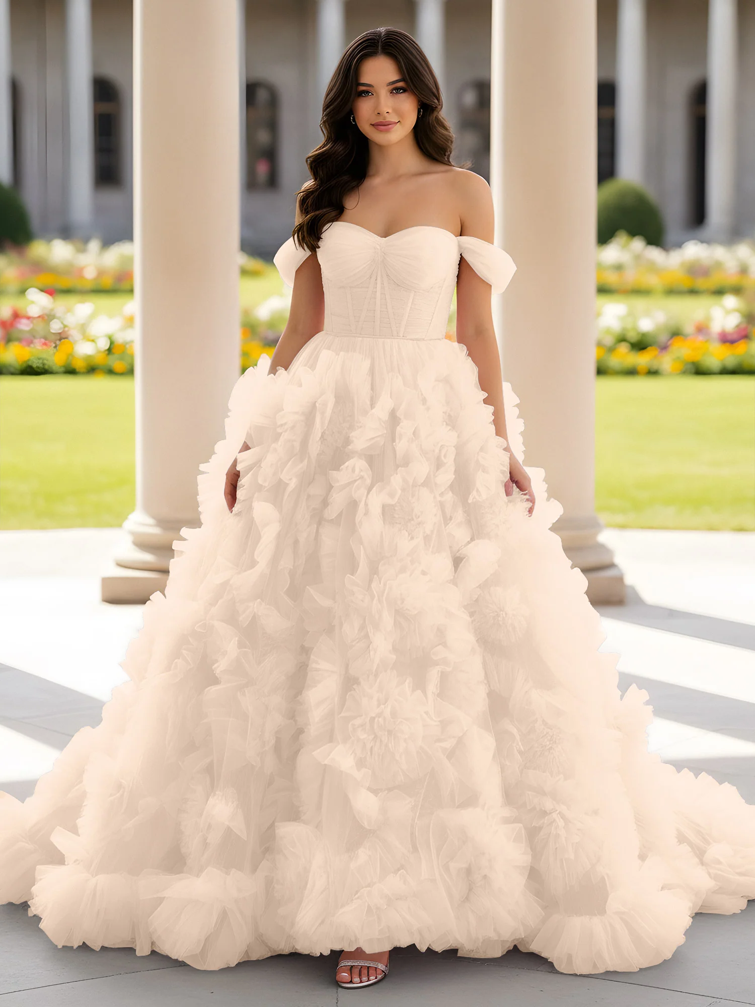 Sweetheart Off-the-shoulder Ruffle Ball Gown Sweep Train Peach