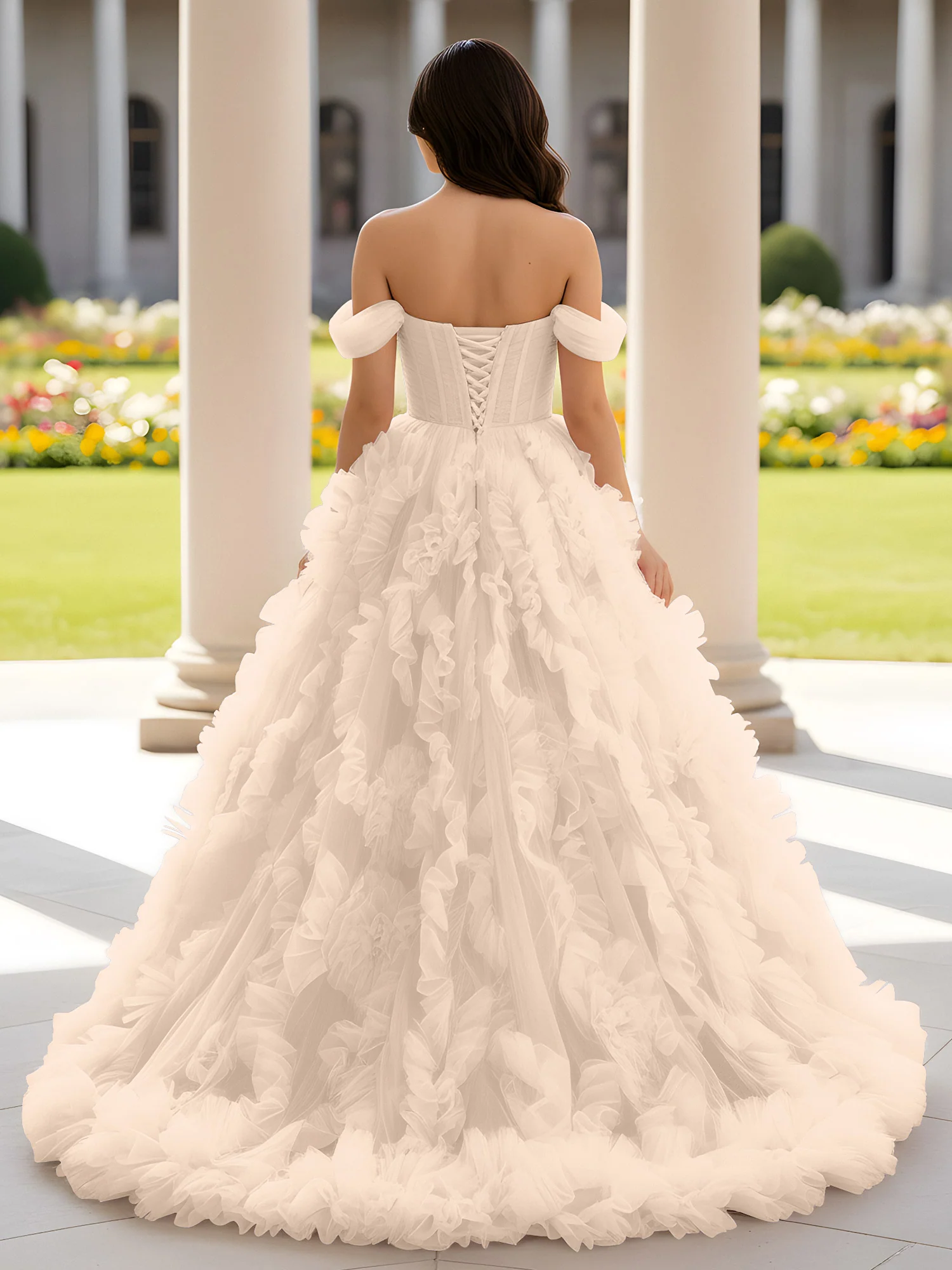 Sweetheart Off-the-shoulder Ruffle Ball Gown Sweep Train Peach - Image 2