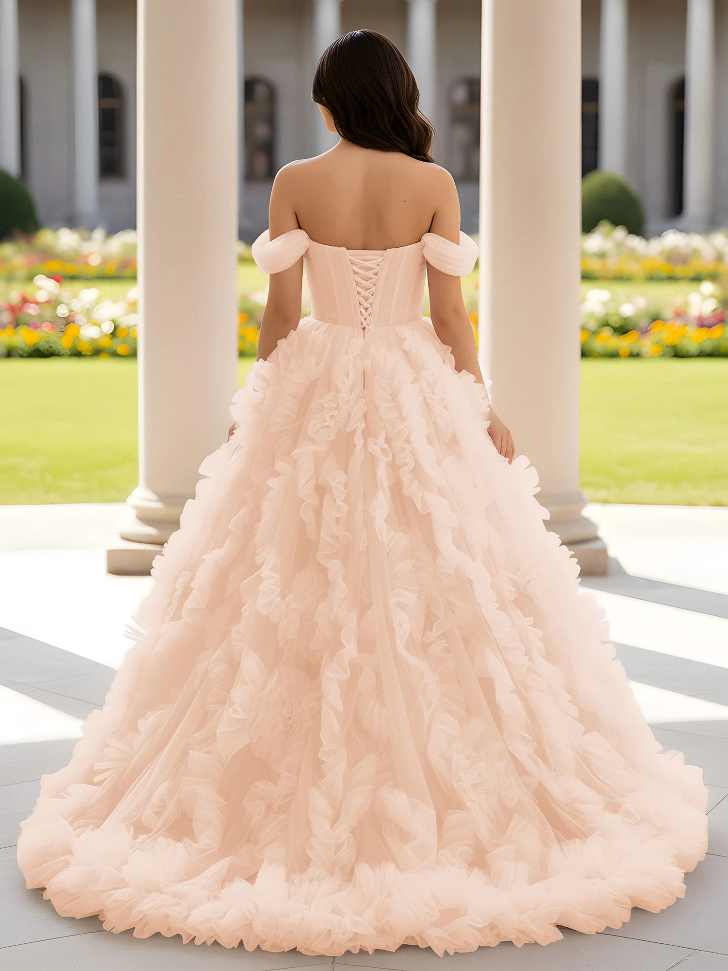 Sweetheart Off-the-shoulder Ruffle Ball Gown Sweep Train Pearl Pink - Image 2
