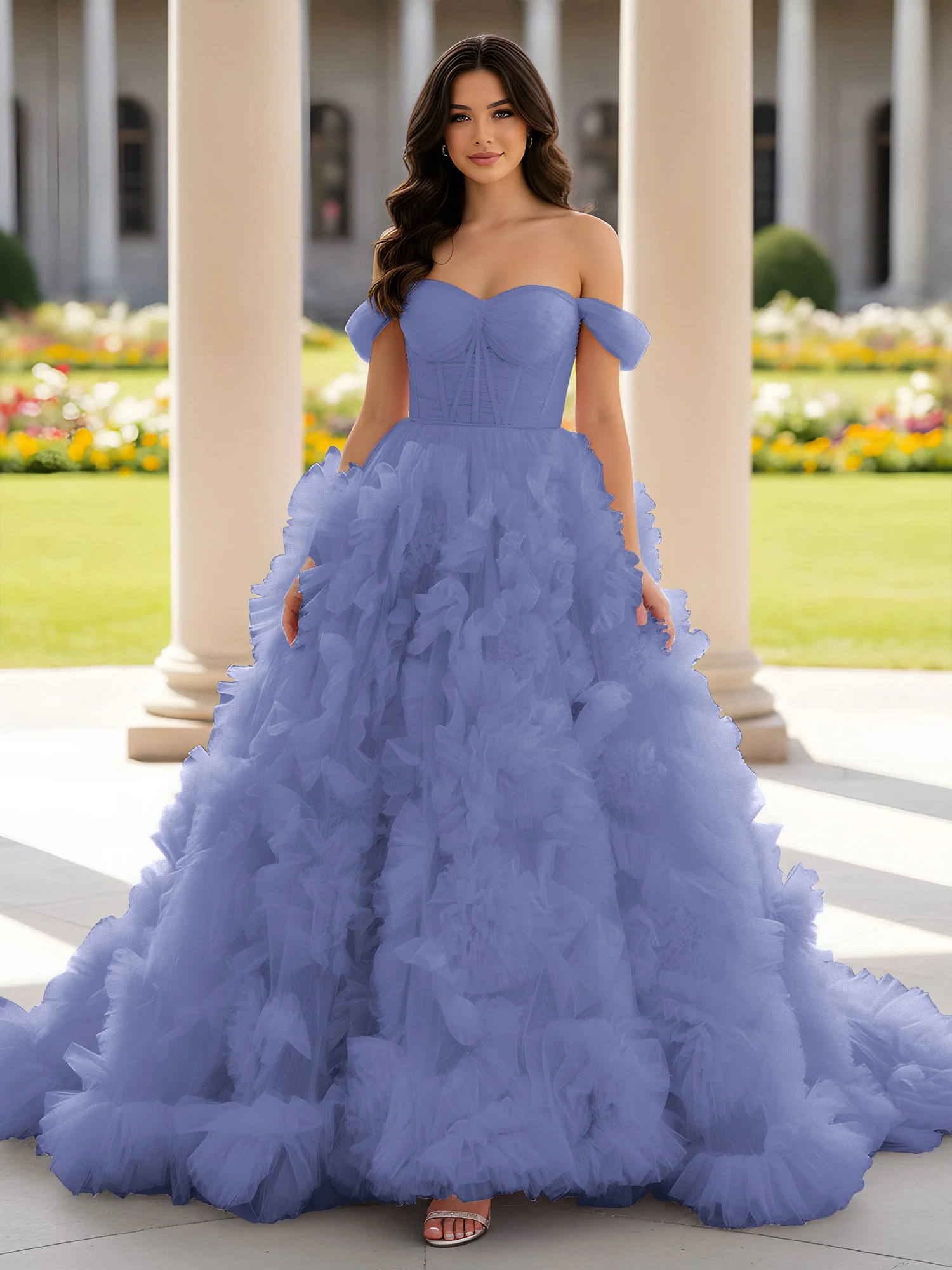 Sweetheart Off-the-shoulder Ruffle Ball Gown Sweep Train Periwinkle
