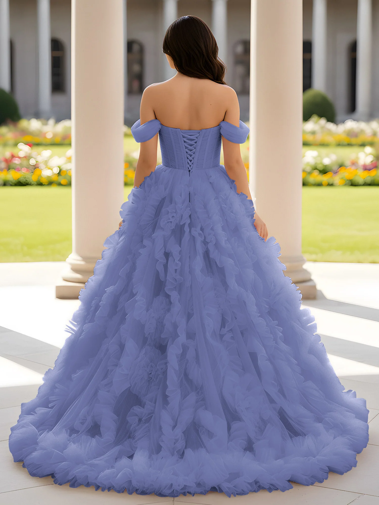 Sweetheart Off-the-shoulder Ruffle Ball Gown Sweep Train Periwinkle - Image 2