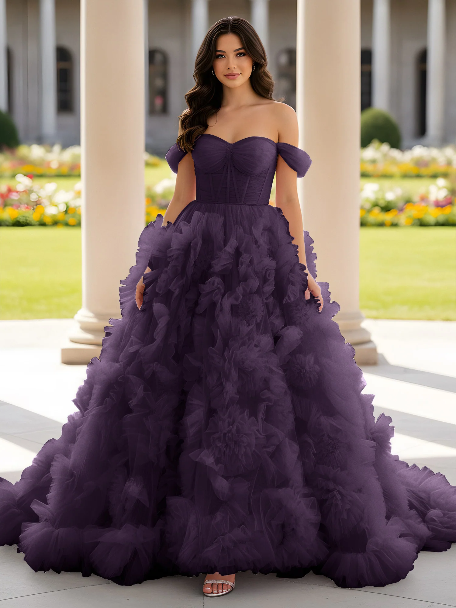 Sweetheart Off-the-shoulder Ruffle Ball Gown Sweep Train Plum