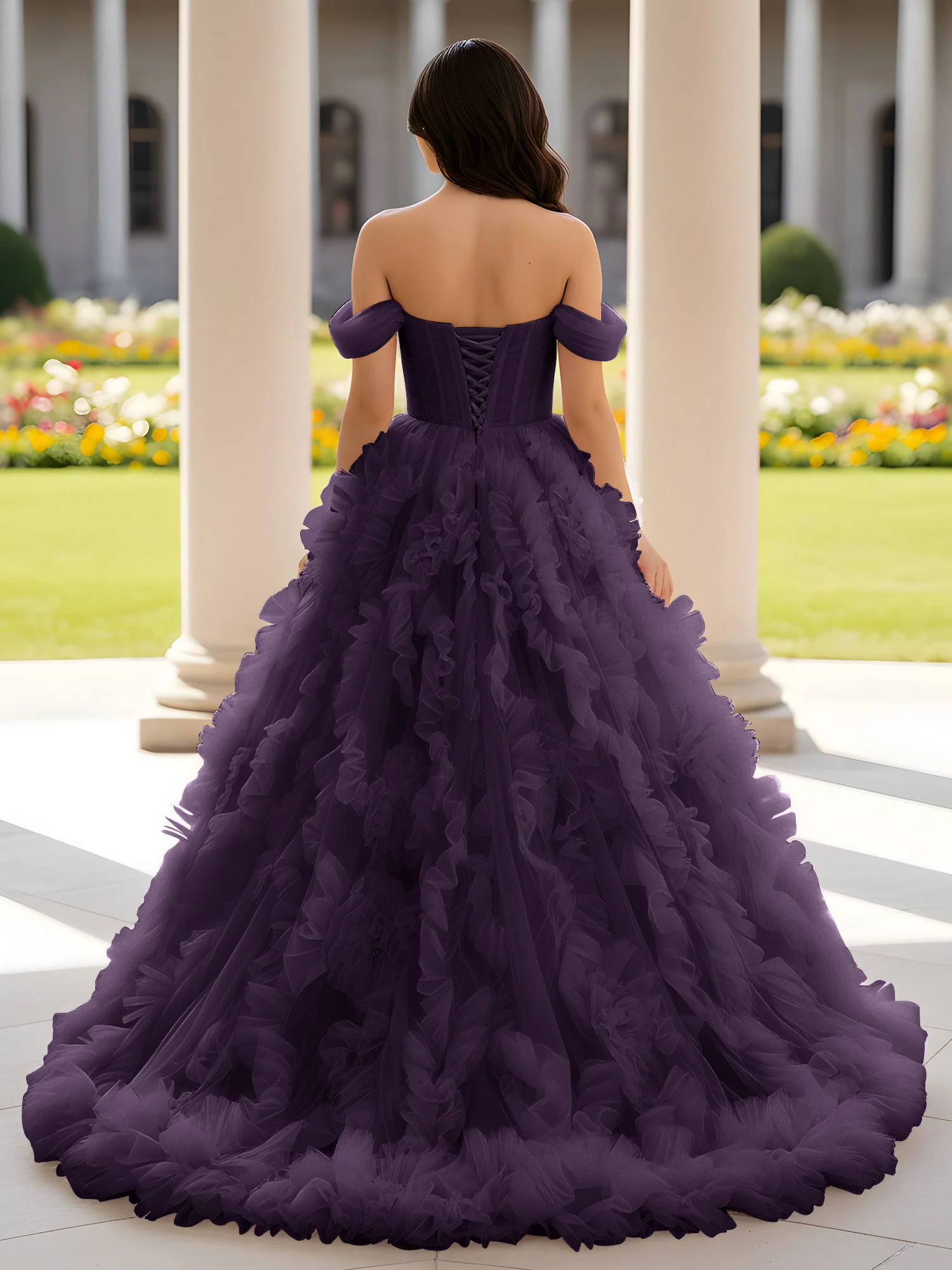 Sweetheart Off-the-shoulder Ruffle Ball Gown Sweep Train Plum - Image 2