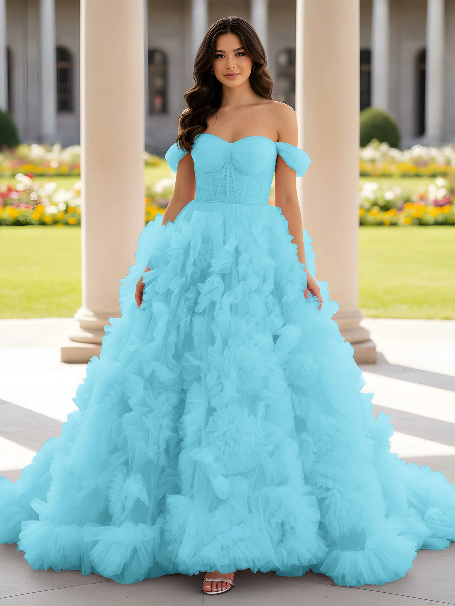 Sweetheart Off-the-shoulder Ruffle Ball Gown Sweep Train Pool