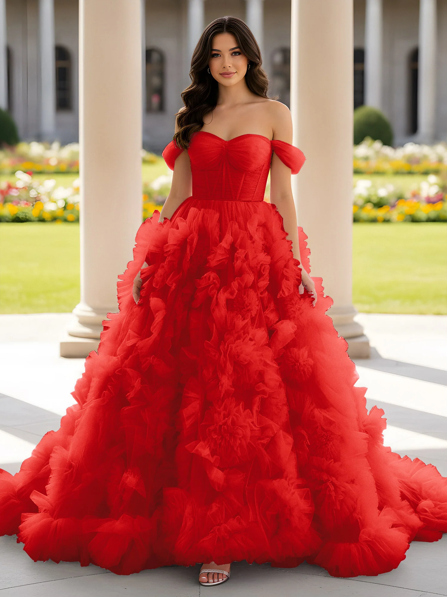 Sweetheart Off-the-shoulder Ruffle Ball Gown Sweep Train Red