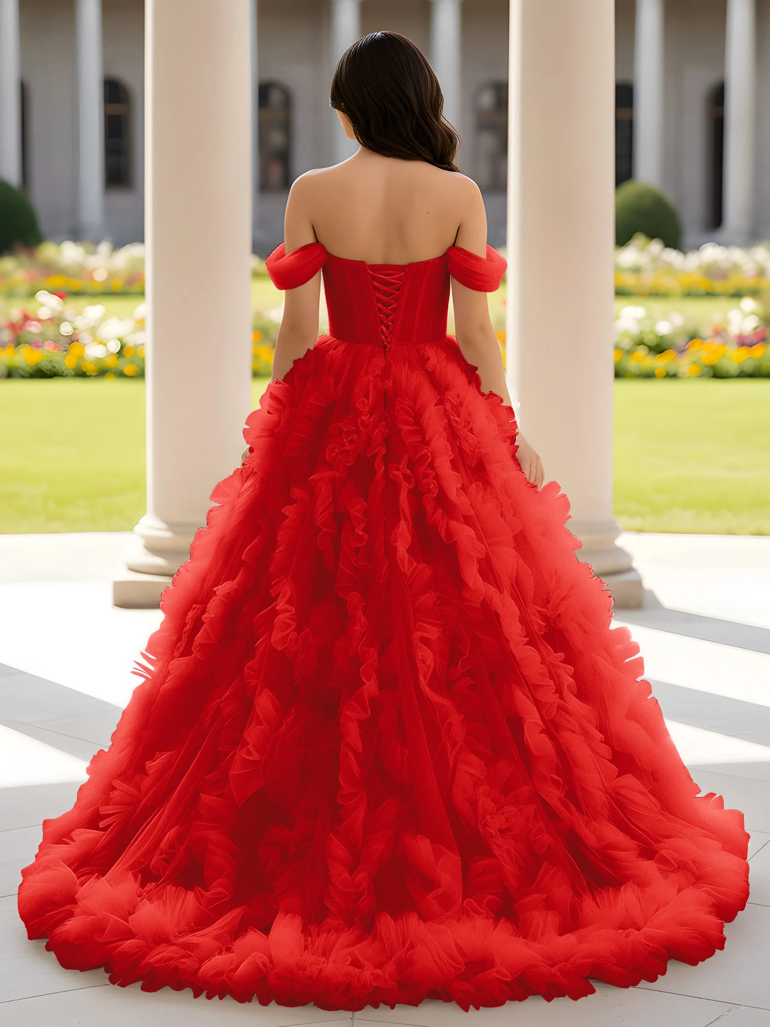 Sweetheart Off-the-shoulder Ruffle Ball Gown Sweep Train Red - Image 2