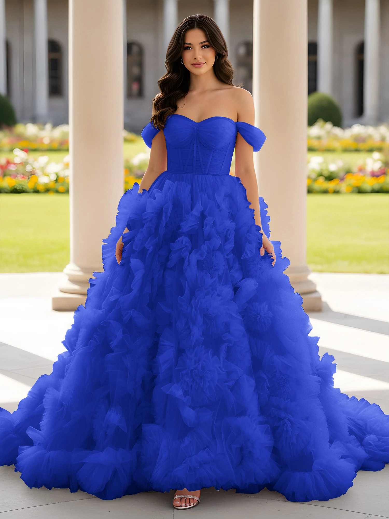 Sweetheart Off-the-shoulder Ruffle Ball Gown Sweep Train Royal Blue