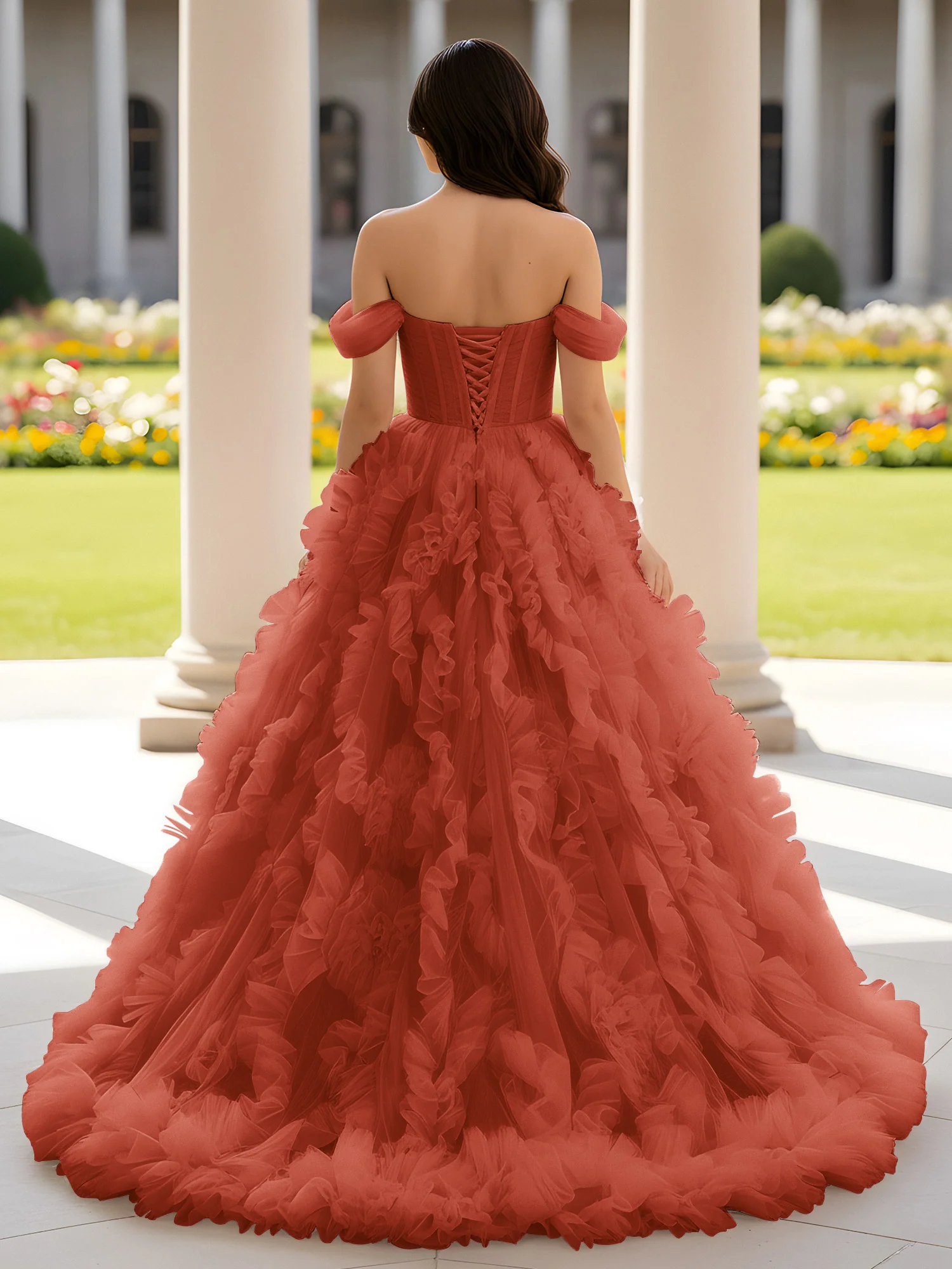 Sweetheart Off-the-shoulder Ruffle Ball Gown Sweep Train Rust - Image 2