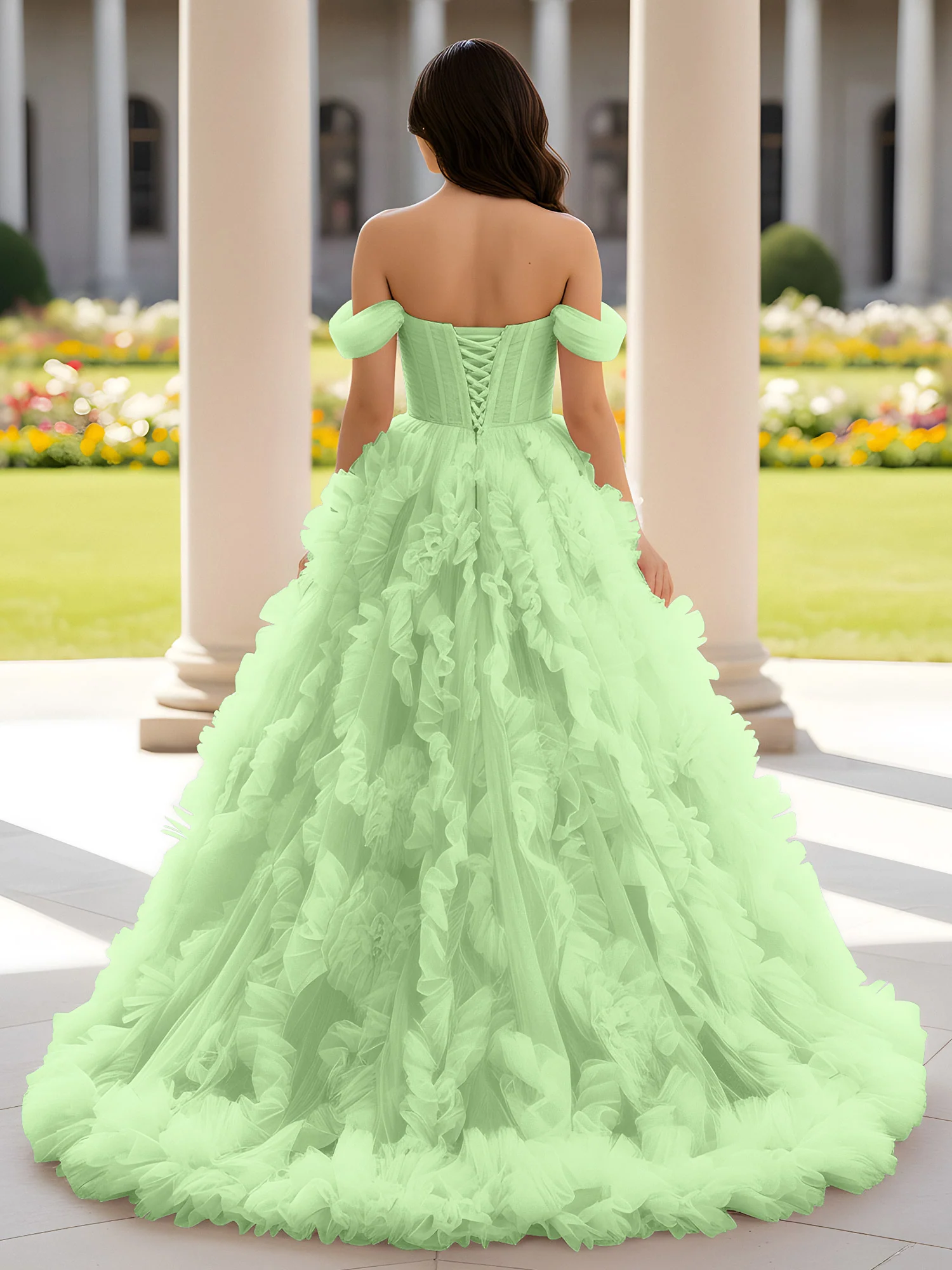 Sweetheart Off-the-shoulder Ruffle Ball Gown Sweep Train Sage - Image 2