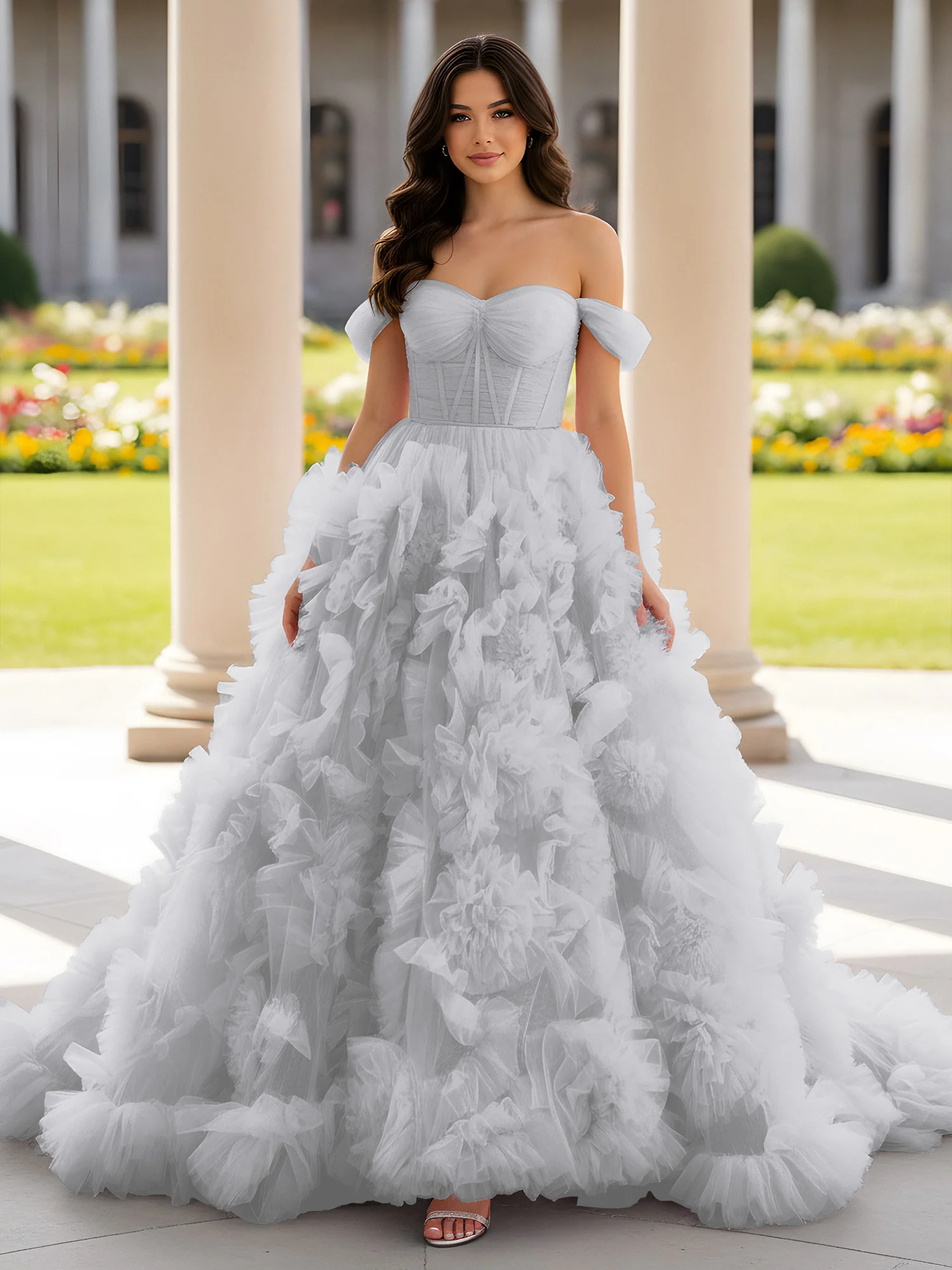 Sweetheart Off-the-shoulder Ruffle Ball Gown Sweep Train Silver
