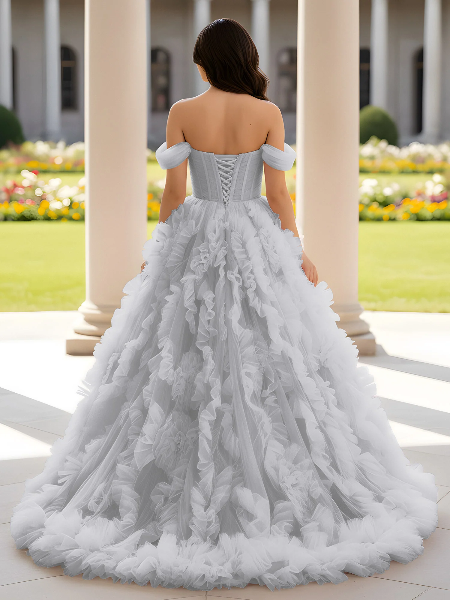 Sweetheart Off-the-shoulder Ruffle Ball Gown Sweep Train Silver - Image 2