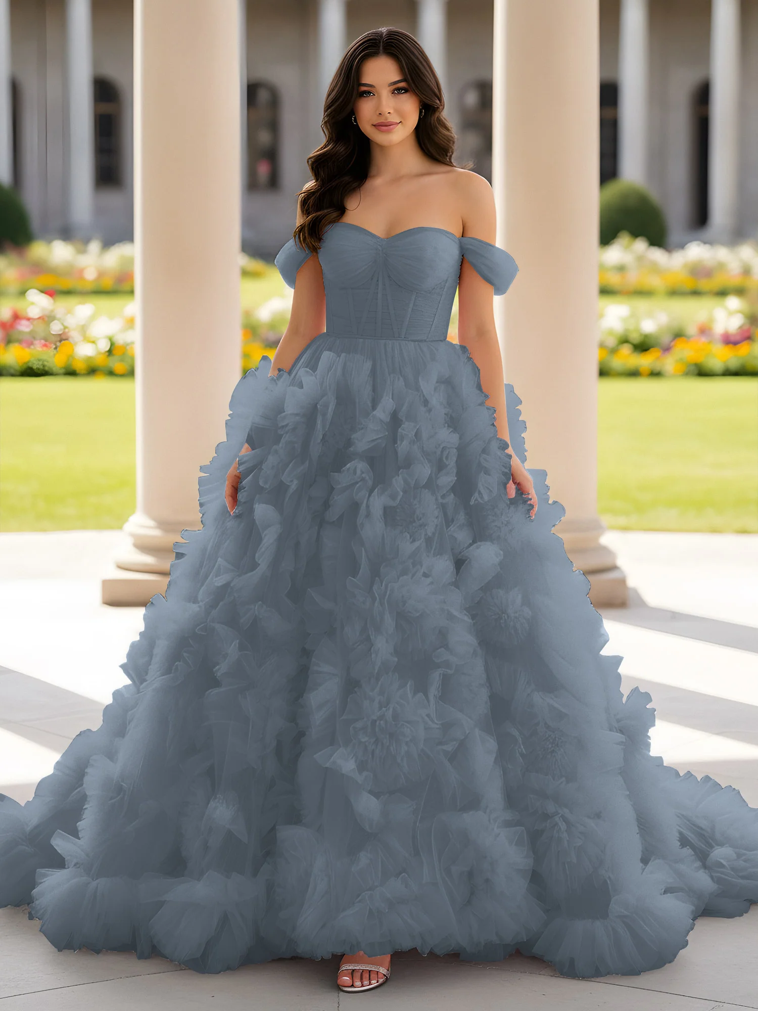 Sweetheart Off-the-shoulder Ruffle Ball Gown Sweep Train Slate Blue