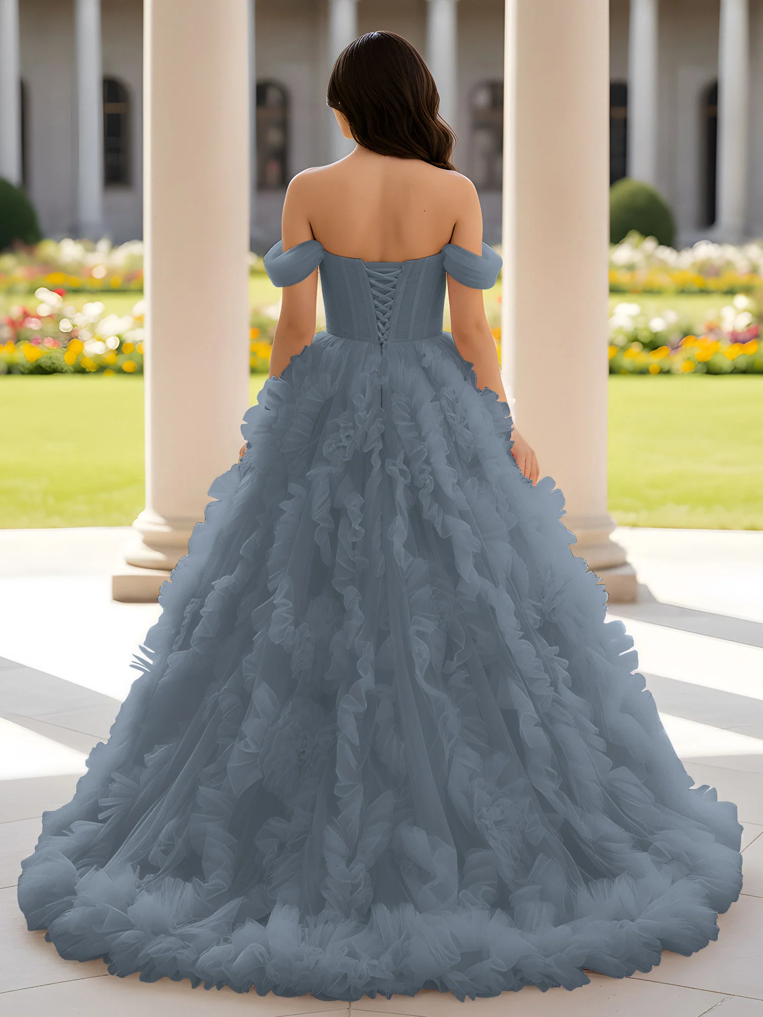 Sweetheart Off-the-shoulder Ruffle Ball Gown Sweep Train Slate Blue - Image 2