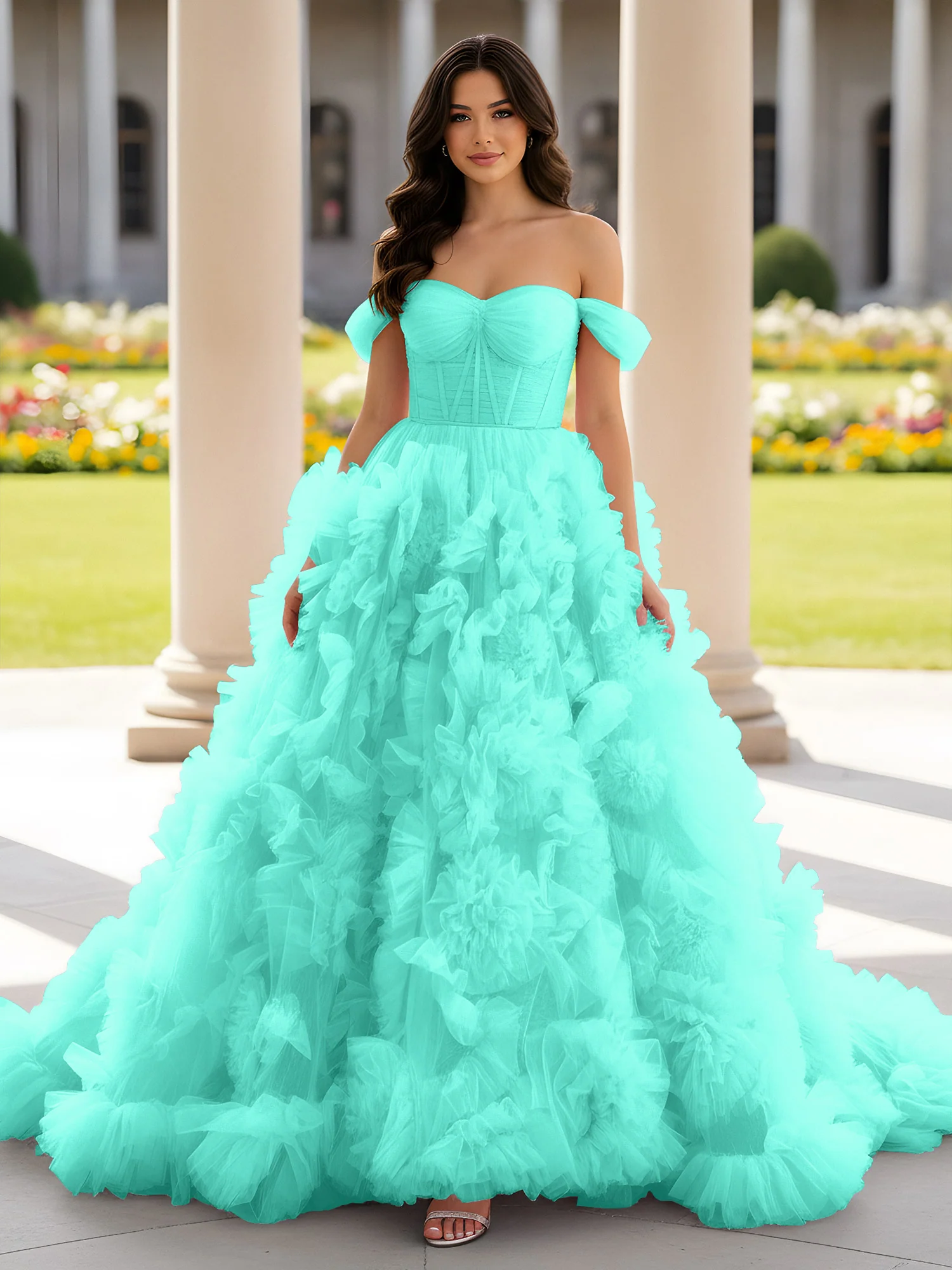 Sweetheart Off-the-shoulder Ruffle Ball Gown Sweep Train Spa